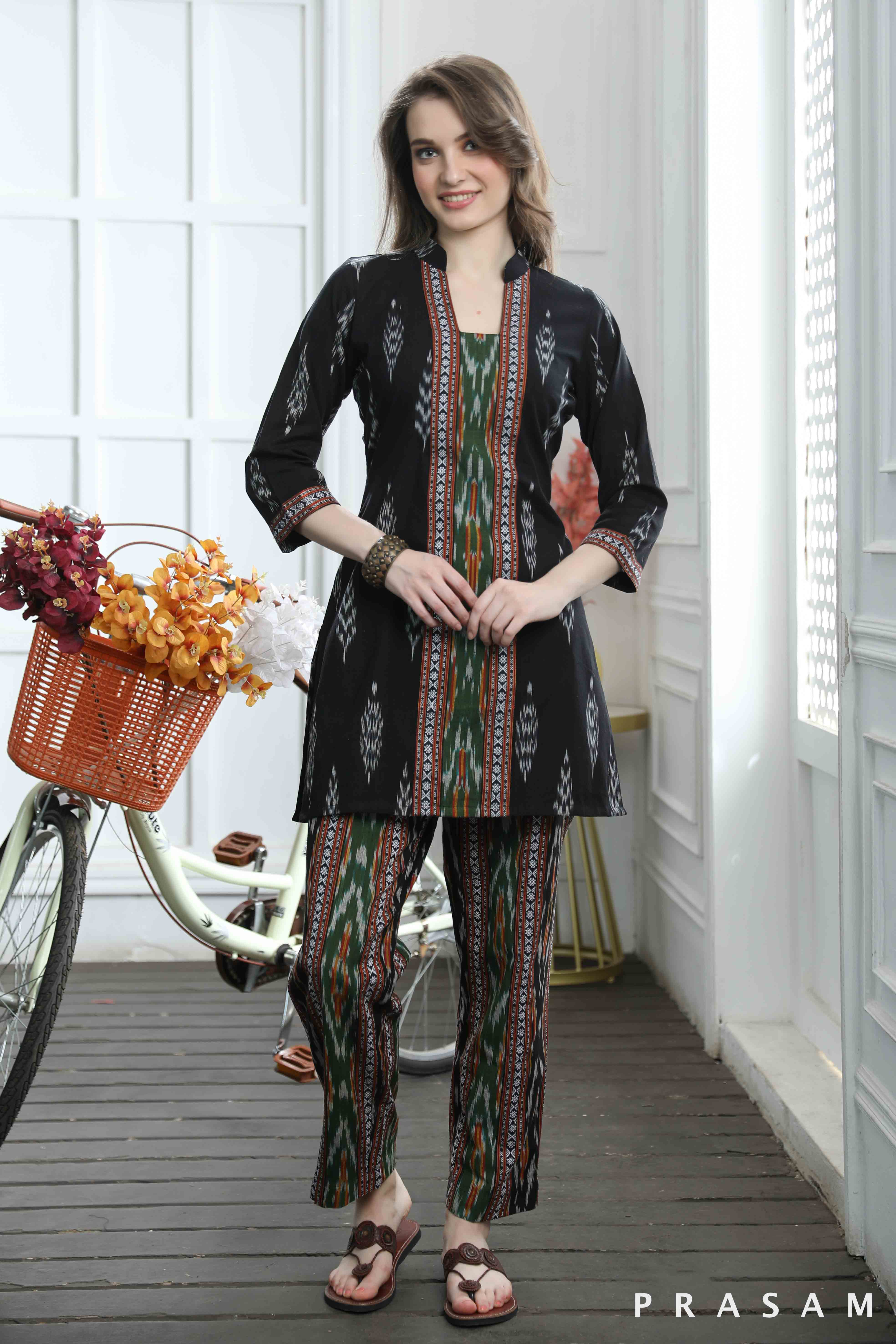 Dreamy Drift Tunic- Classy Black Handloom Cotton Ikat Combination Tunic (Optional Pants )