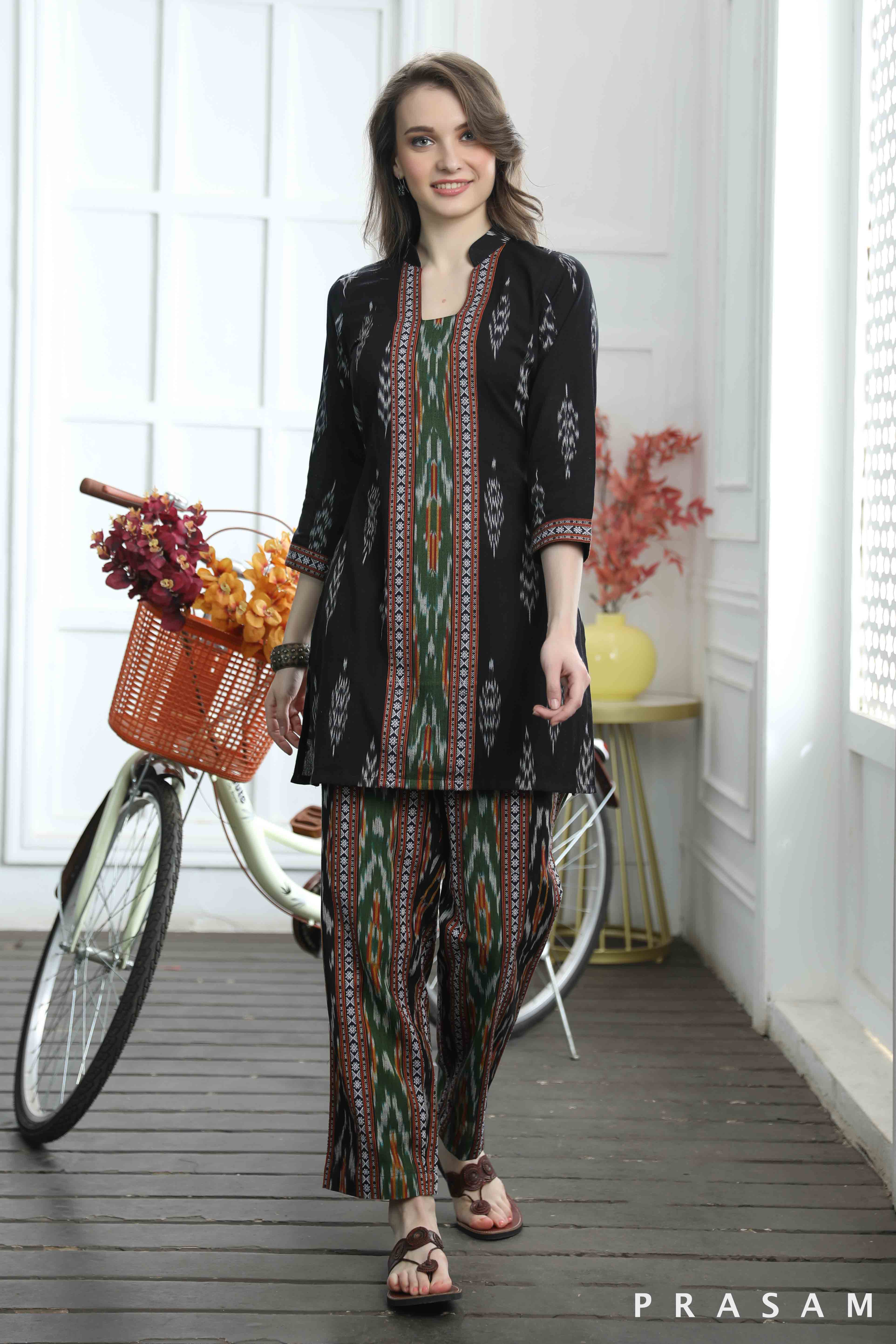 Dreamy Drift Tunic- Classy Black Handloom Cotton Ikat Combination Tunic (Optional Pants )