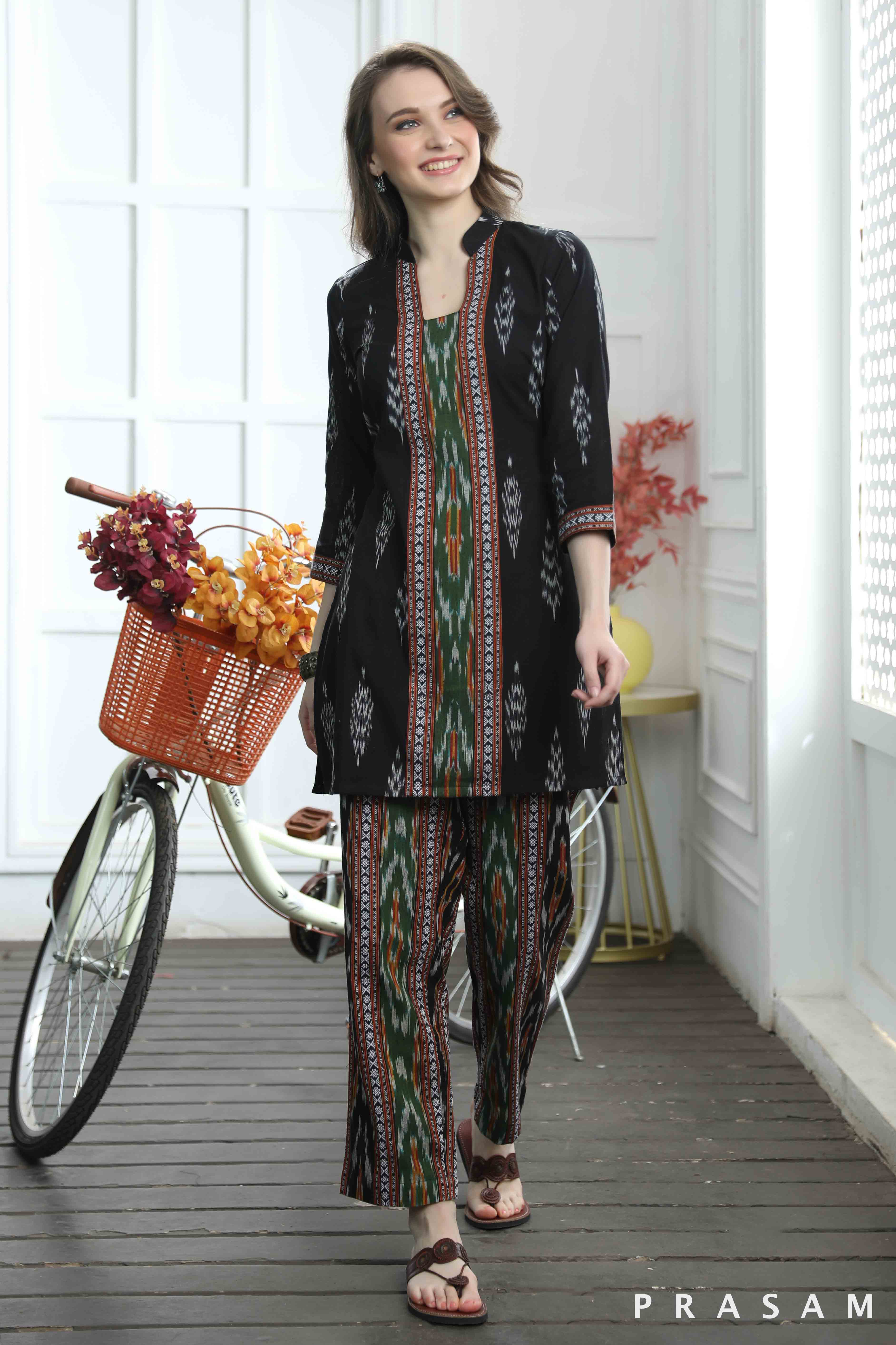 Dreamy Drift Tunic- Classy Black Handloom Cotton Ikat Combination Tunic (Optional Pants )