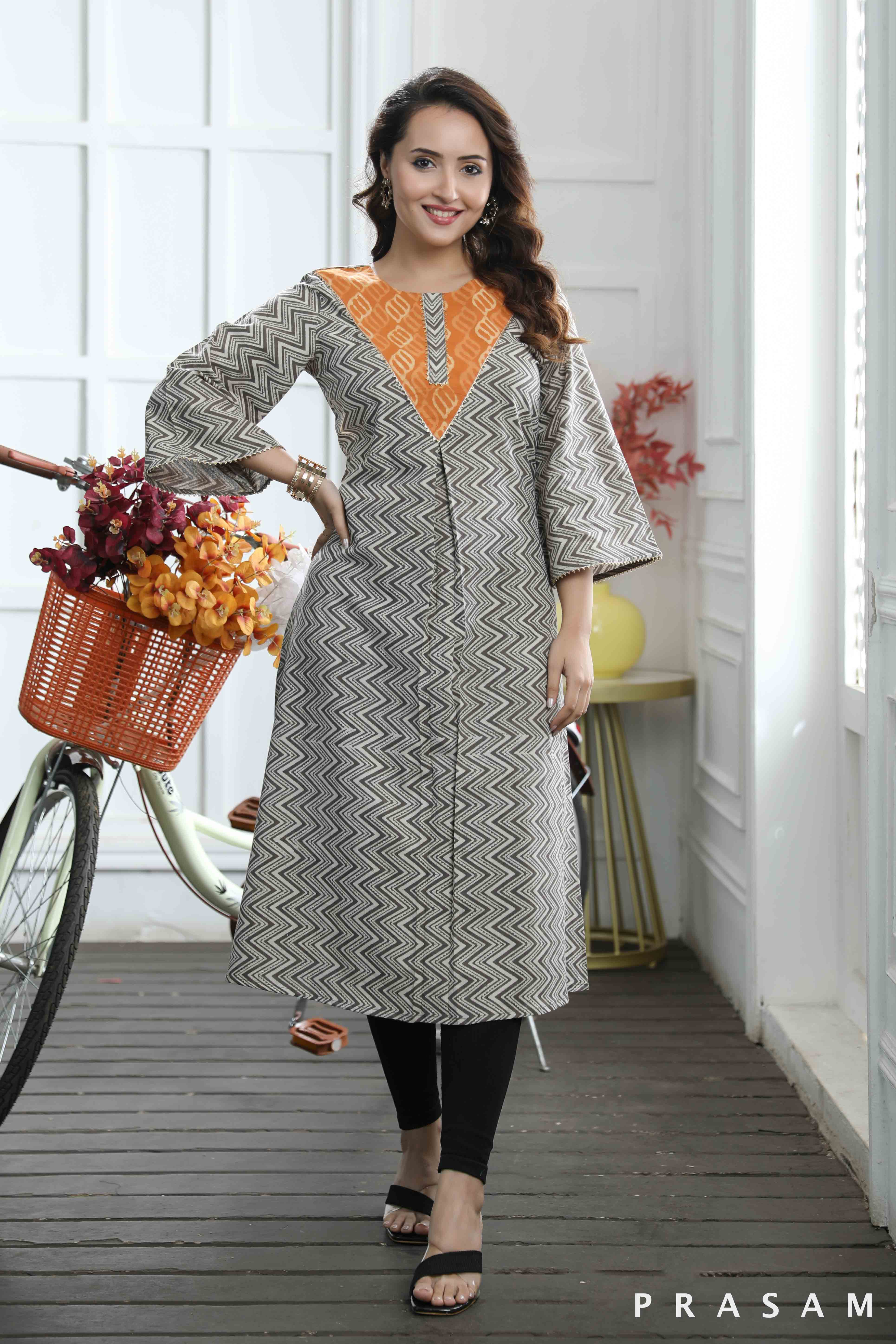 Siya - Elegant Neutral Coloured A-line Bagru Kurti With Mustard Yoke (Optional Pants)