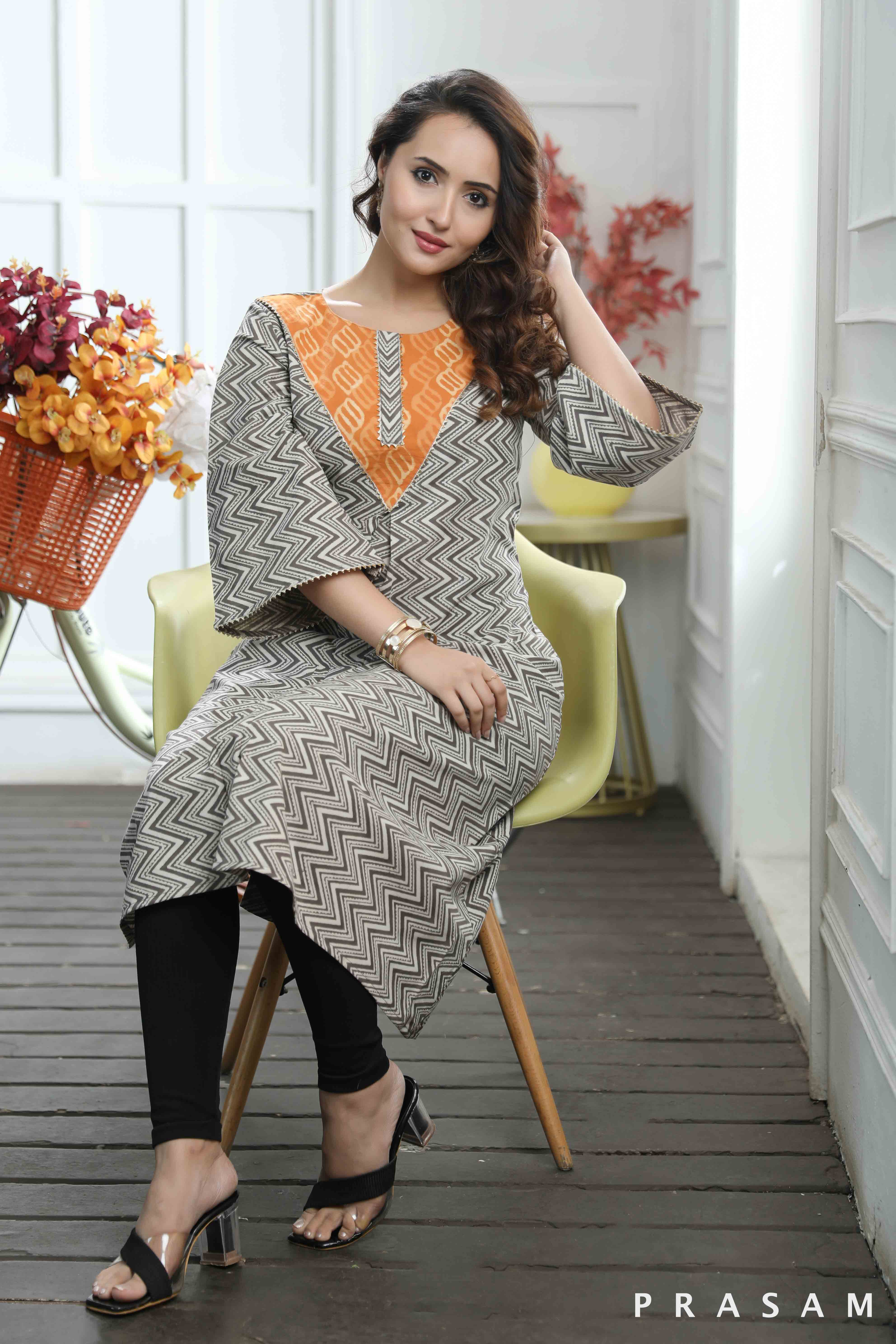 Siya - Elegant Neutral Coloured A-line Bagru Kurti With Mustard Yoke (Optional Pants)