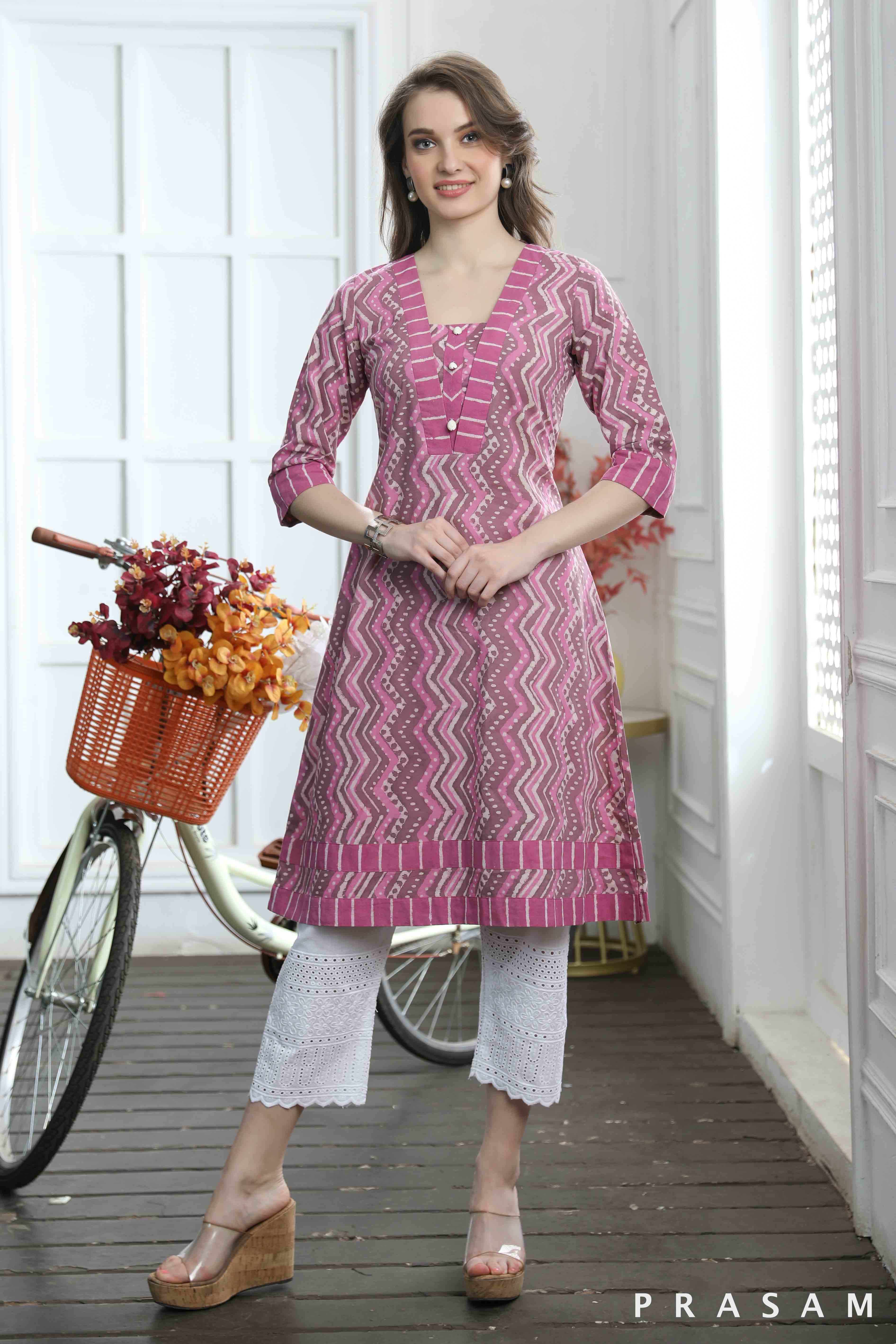 Gulabo- Beautiful Pink Cotton Bagru Combination Kurti (Optional Pants)