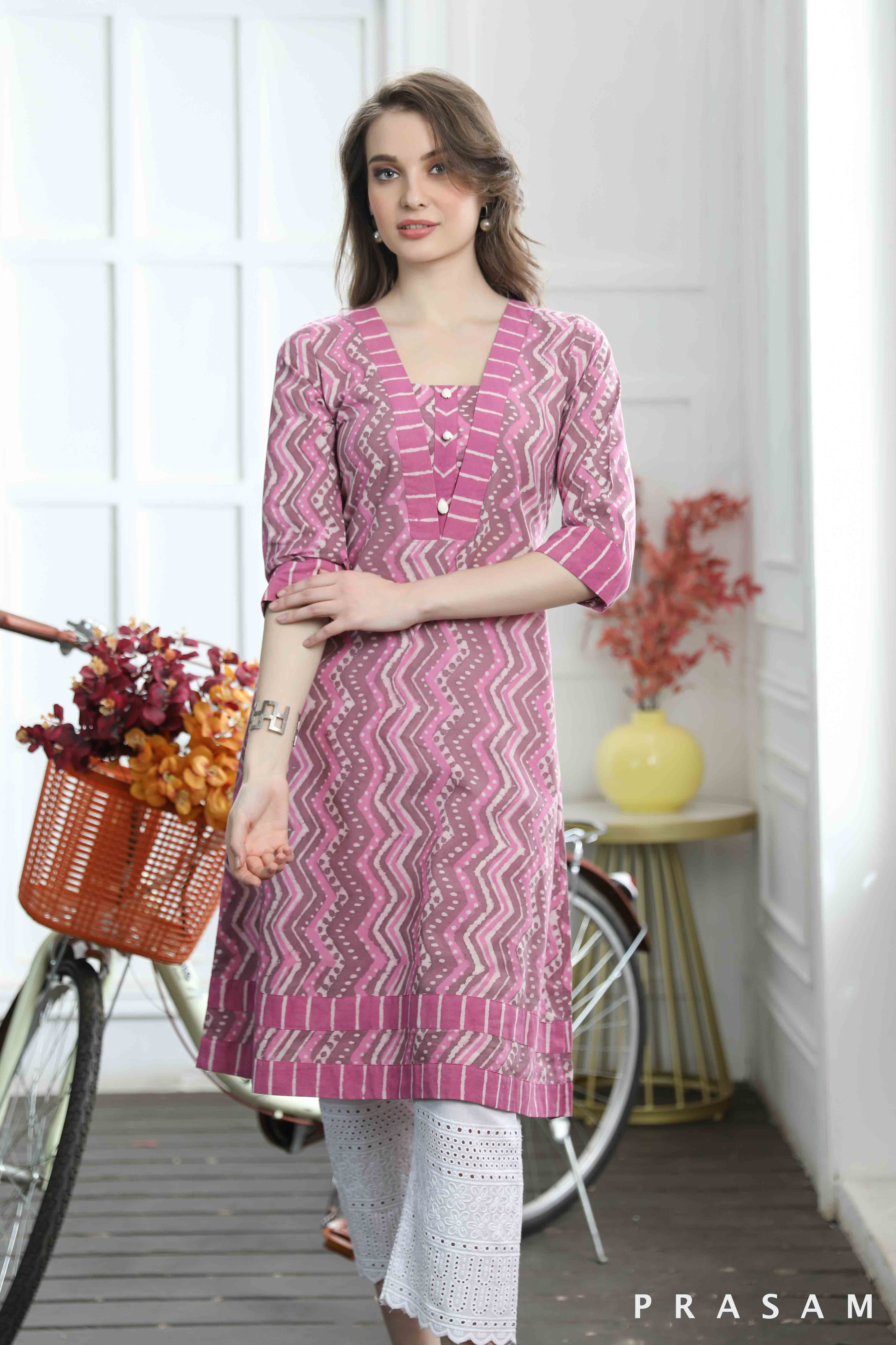 Gulabo- Beautiful Pink Cotton Bagru Combination Kurti (Optional Pants)