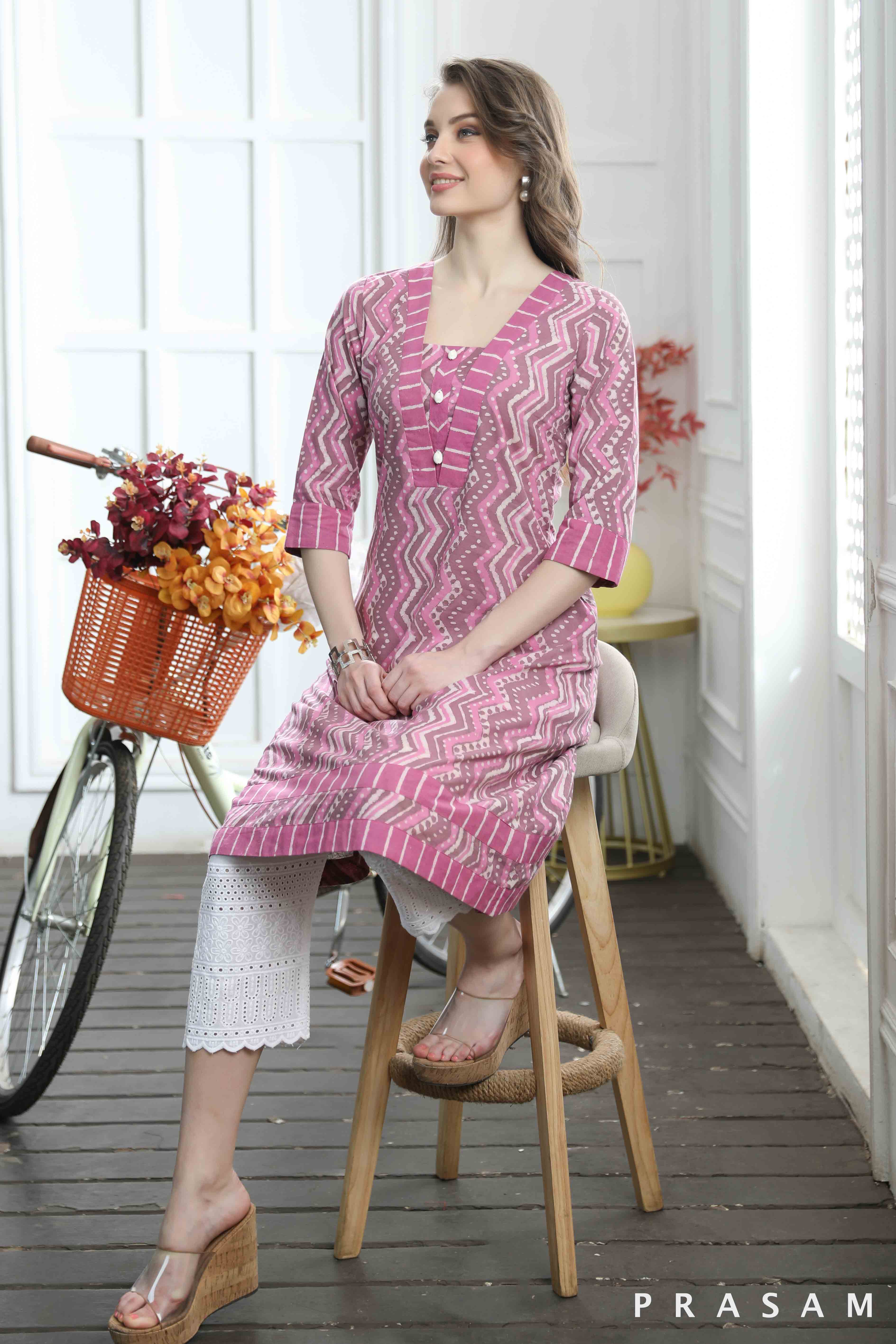 Gulabo- Beautiful Pink Cotton Bagru Combination Kurti (Optional Pants)