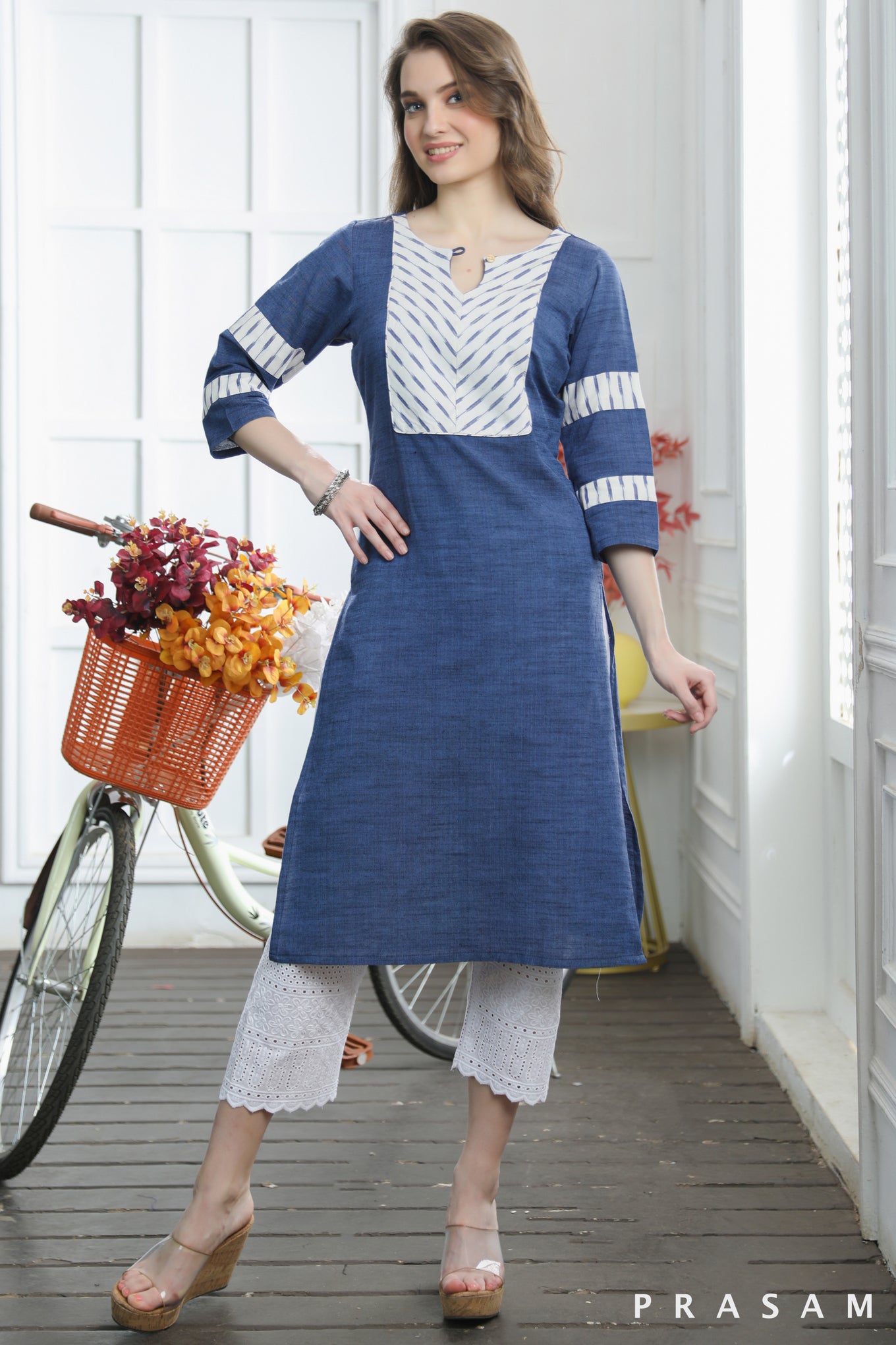 Raha Modern Handloom Cotton Denim With Ikat Combination Kurti (Optional Pants)