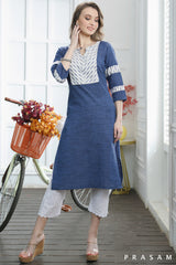 Raha Modern Handloom Cotton Denim With Ikat Combination Kurti (Optional Pants)