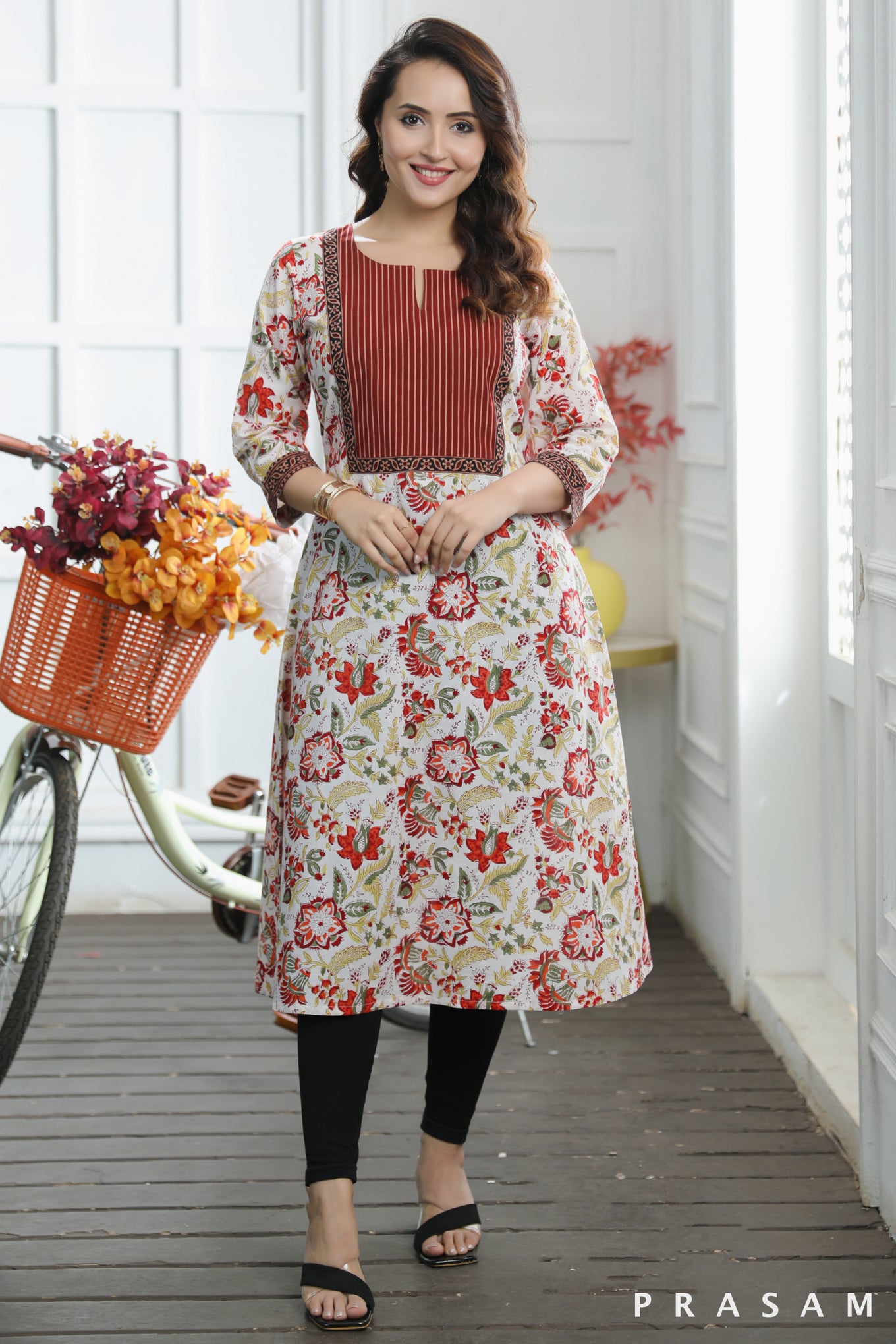 Misha Trendy Cotton Floral Printed A-line Kurti With Ajrakh Yoke (Optional Leggings)