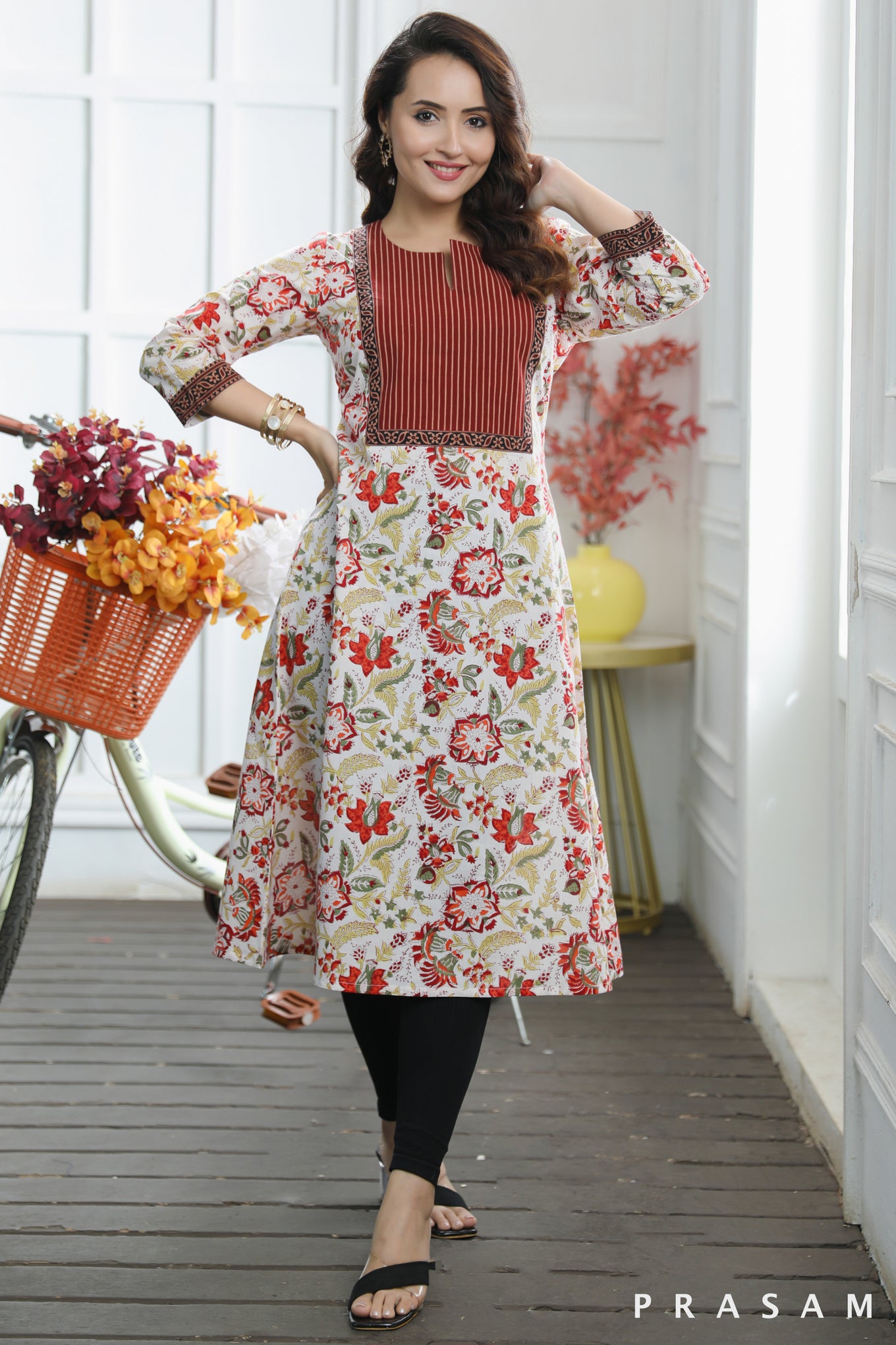 Misha Trendy Cotton Floral Printed A-line Kurti With Ajrakh Yoke (Optional Leggings)