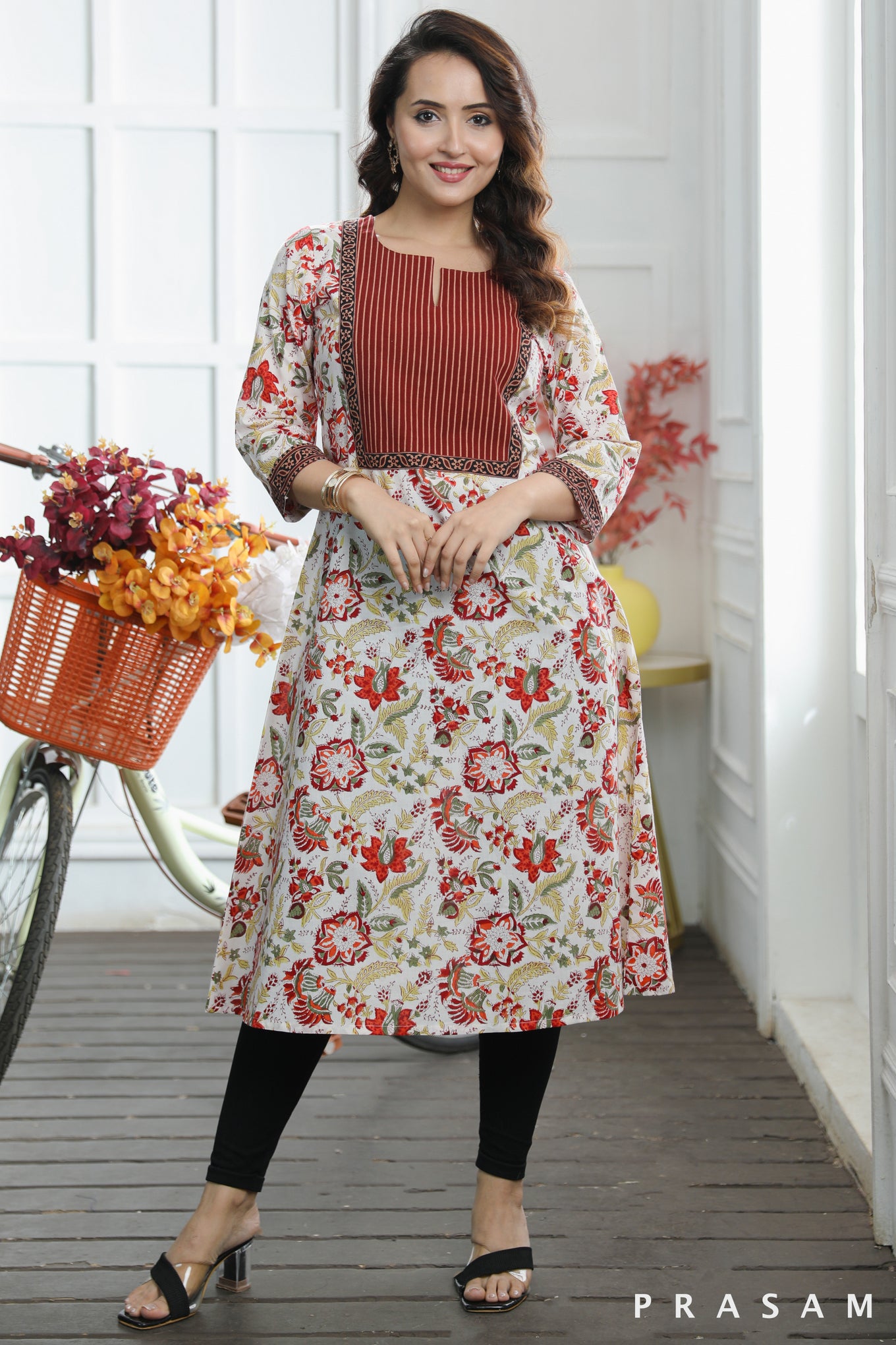 Misha Trendy Cotton Floral Printed A-line Kurti With Ajrakh Yoke (Optional Leggings)