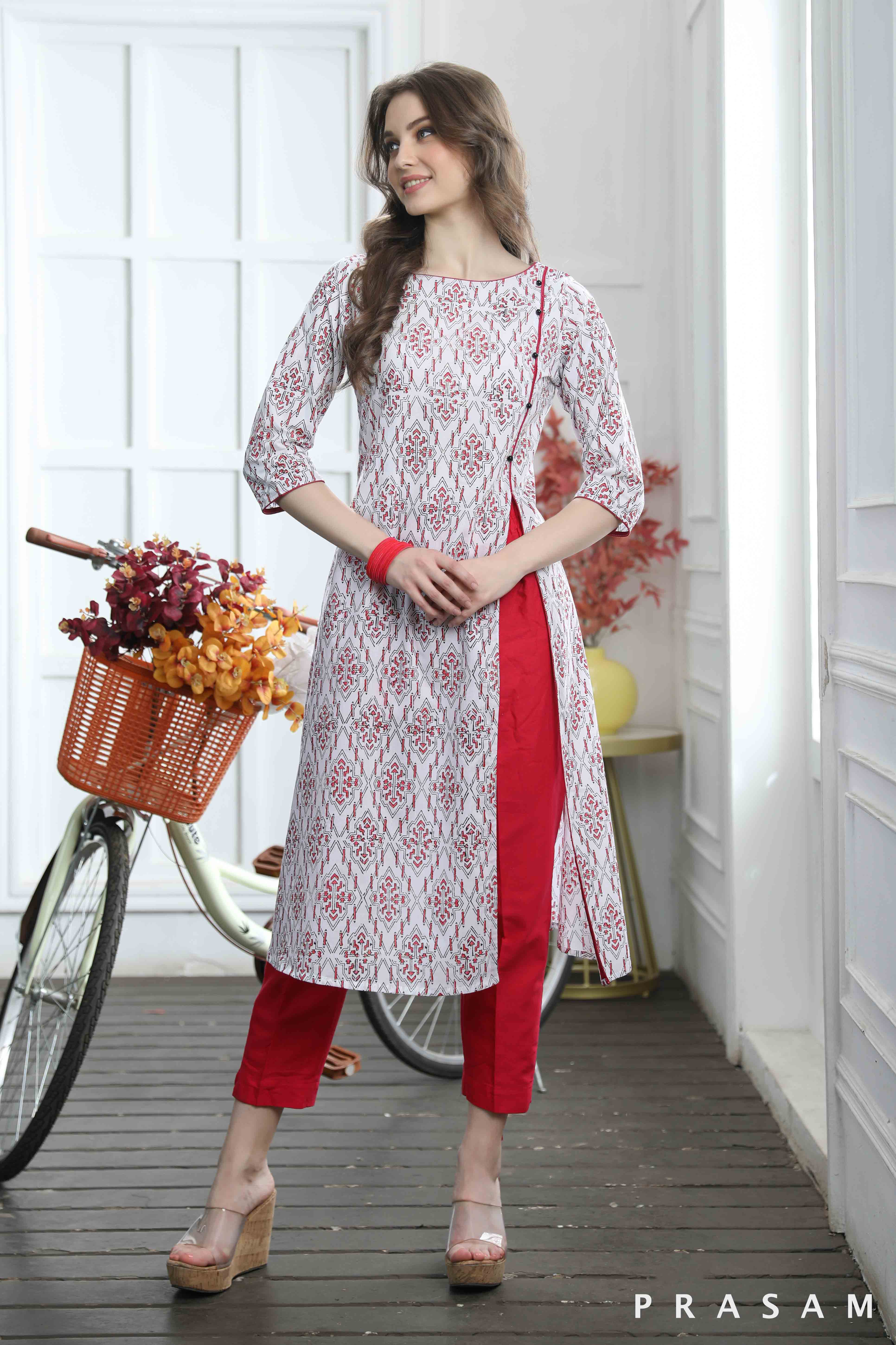 Pearl Petal Trendy White Cotton Mul WIth Rani Pink Hand Block Print Kurti (Optional Pants)