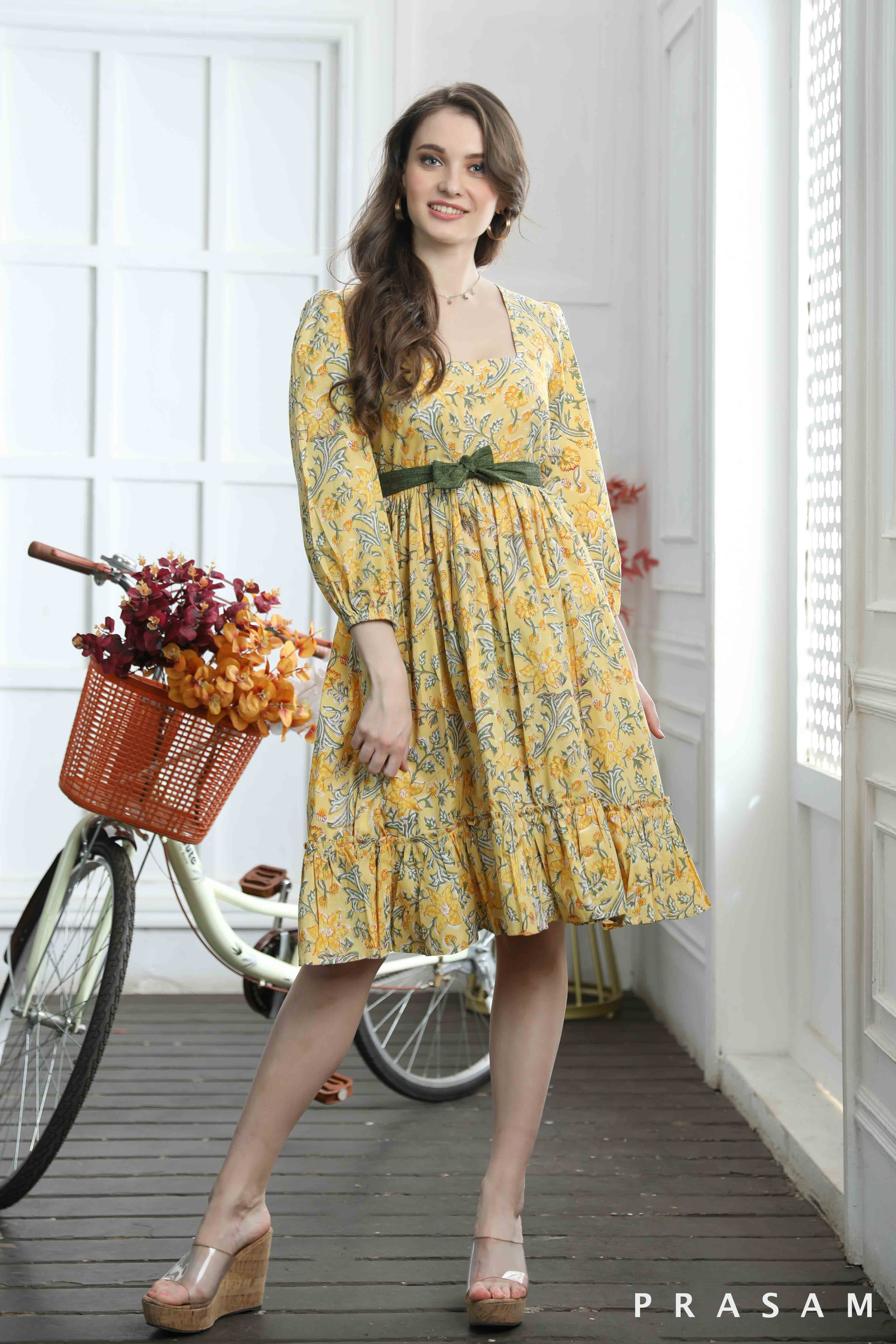 Sunny Sunflower Cute Flared Bagru Printed Dress With Belt