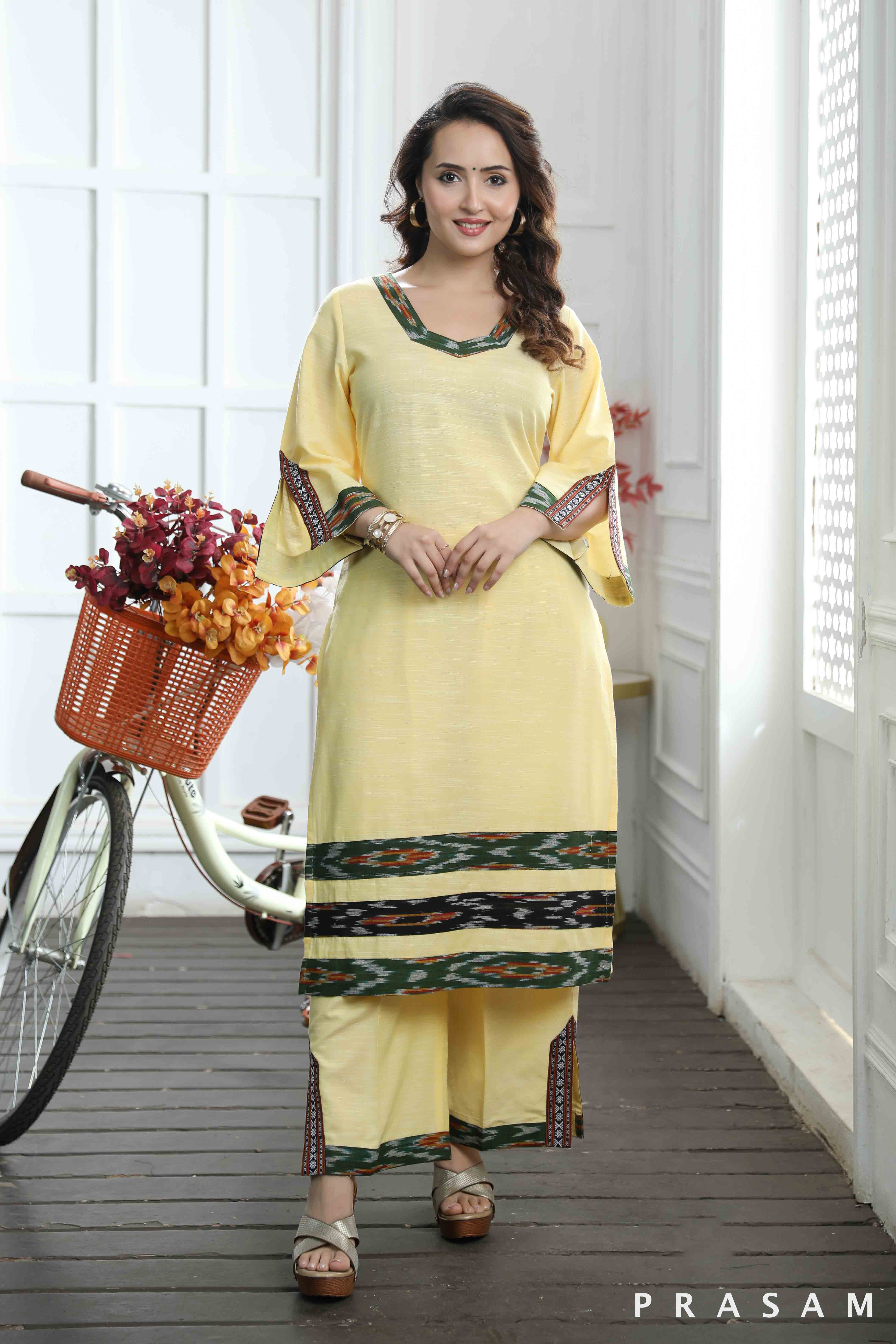 Yashvi - Designer Yellow Handloom Cotton Kurti Set With Ikat Trims