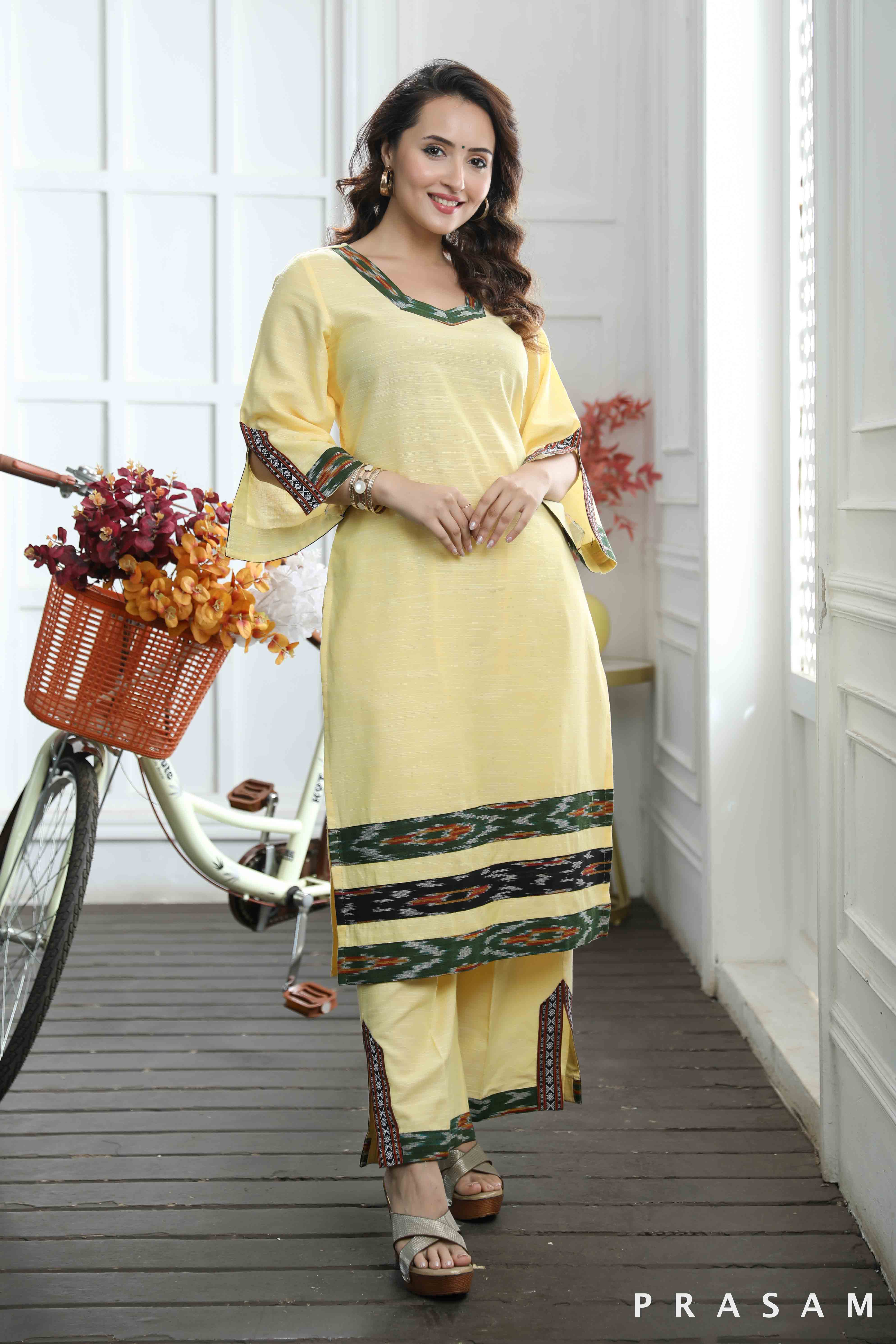 Yashvi - Designer Yellow Handloom Cotton Kurti Set With Ikat Trims