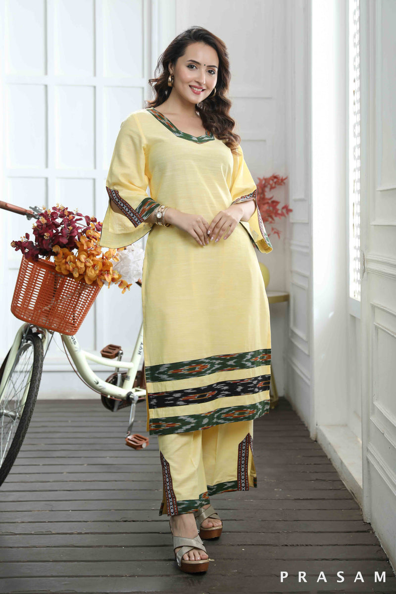 Yashvi - Designer Yellow Handloom Cotton Kurti Set With Ikat Trims (SET)