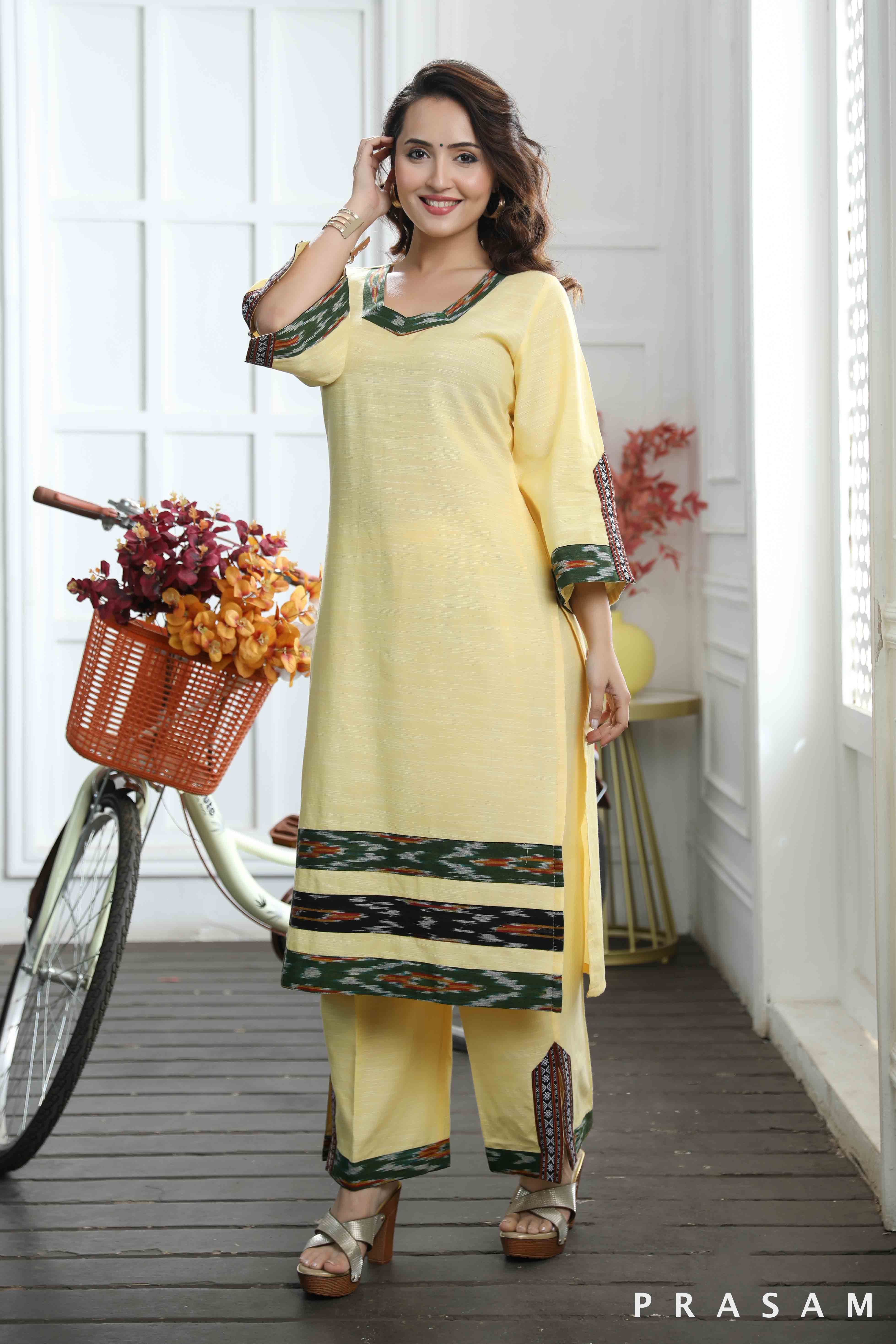 Yashvi - Designer Yellow Handloom Cotton Kurti Set With Ikat Trims