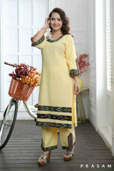 Yashvi - Designer Yellow Handloom Cotton Kurti Set With Ikat Trims (SET)