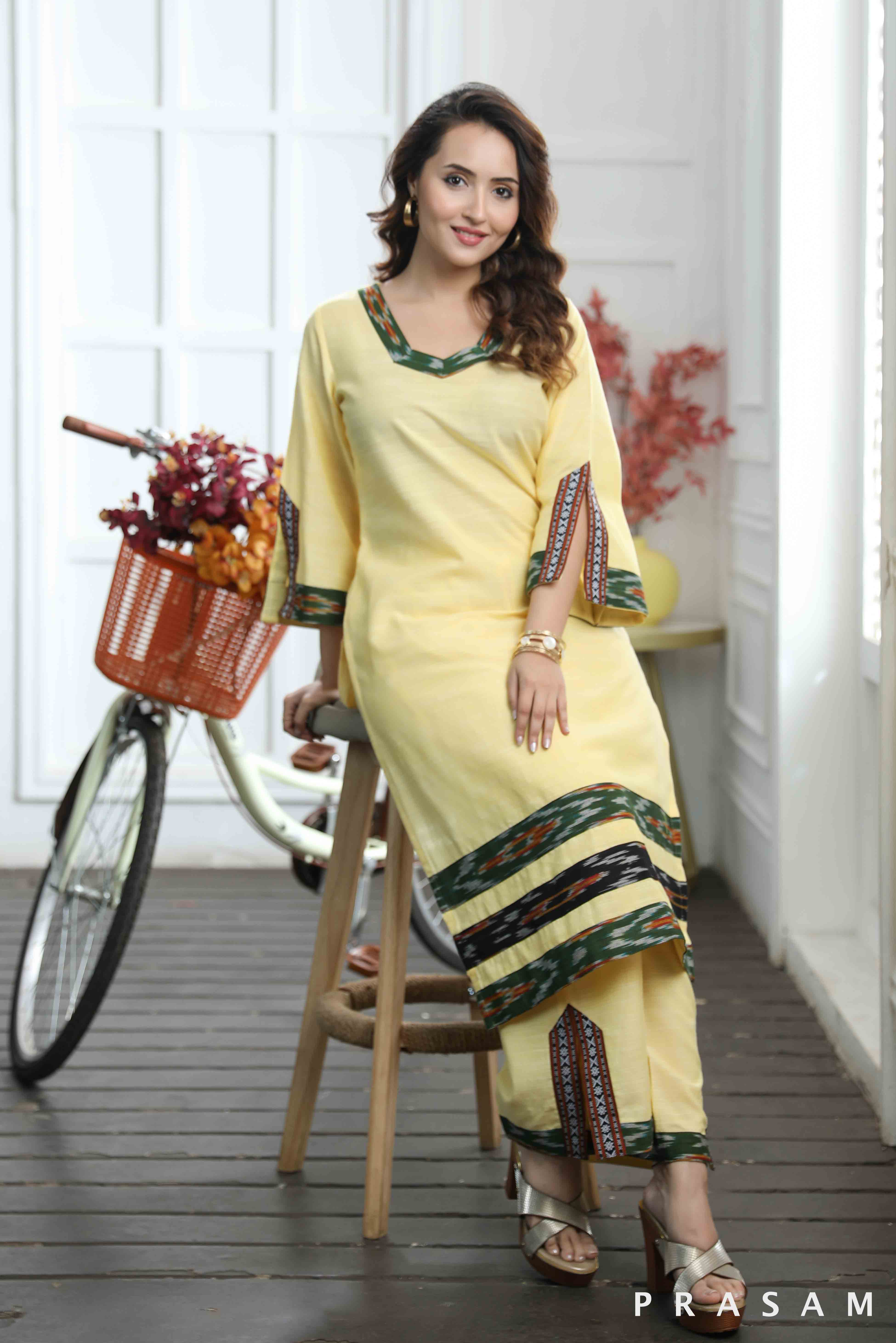 Yashvi - Designer Yellow Handloom Cotton Kurti Set With Ikat Trims