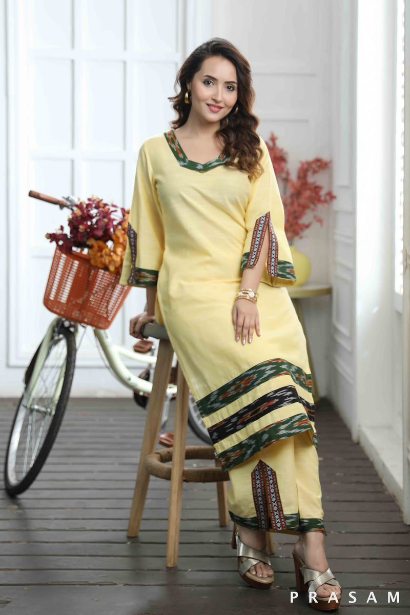 Yashvi - Designer Yellow Handloom Cotton Kurti Set With Ikat Trims (SET)