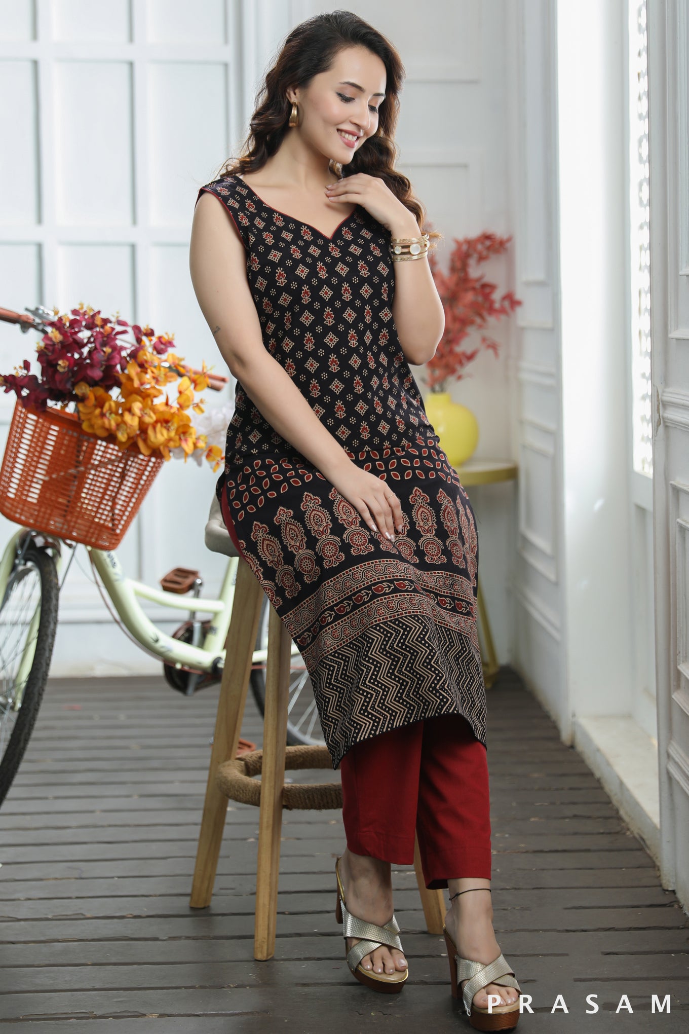 Nidhi Fabulous Ajrakh Sleeveless Kurti (Optional Pants)