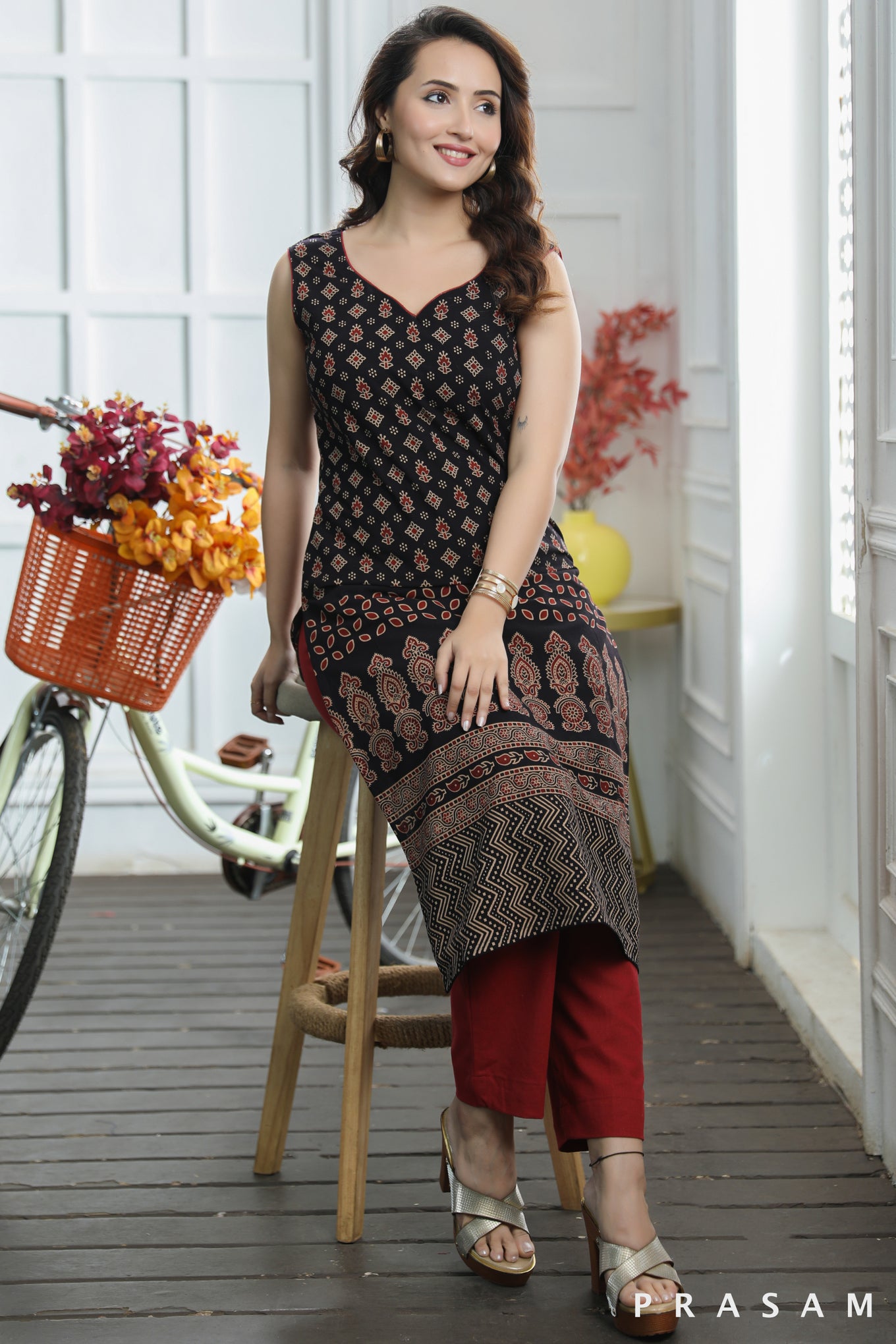 Nidhi Fabulous Ajrakh Sleeveless Kurti (Optional Pants)