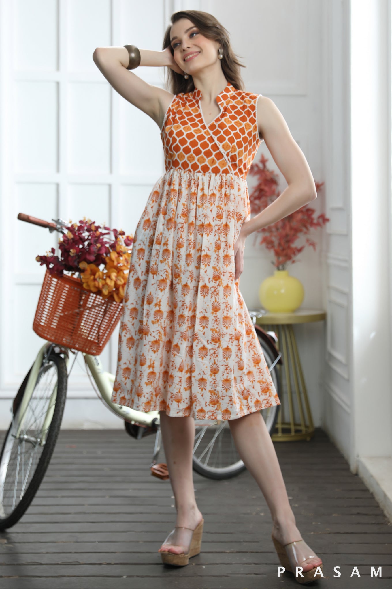 Carla Modern Orange Jaipuri Cotton Combination Dress With Lace Trims