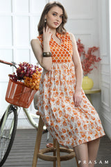 Carla Modern Orange Jaipuri Cotton Combination Dress With Lace Trims