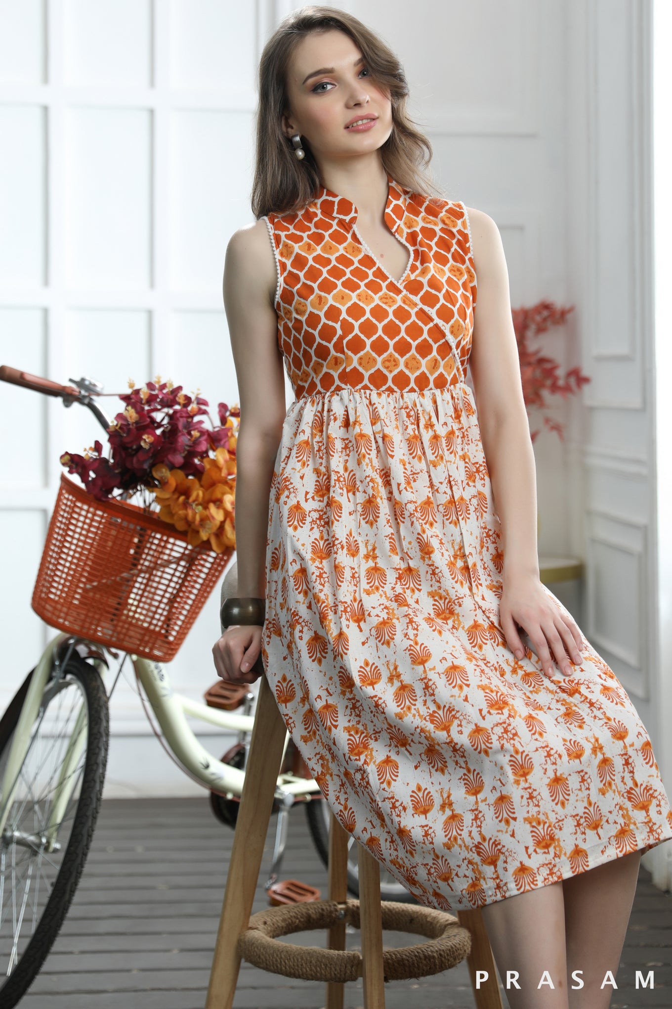 Carla Modern Orange Jaipuri Cotton Combination Dress With Lace Trims