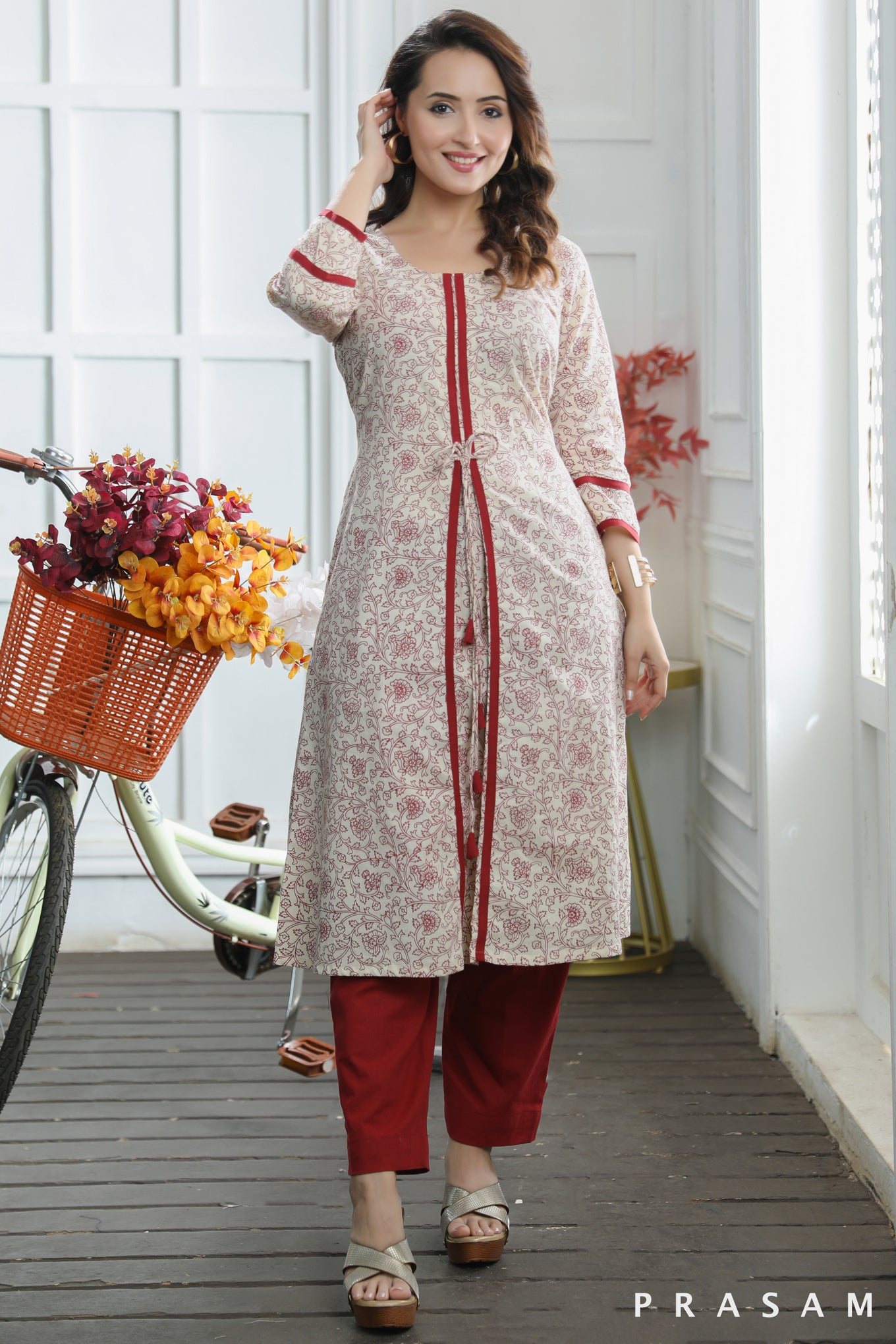 Secret Garden  Ethno Beige Cotton Mul Kurti With Maroon Hand Block Print And Trims (Optional Pants)