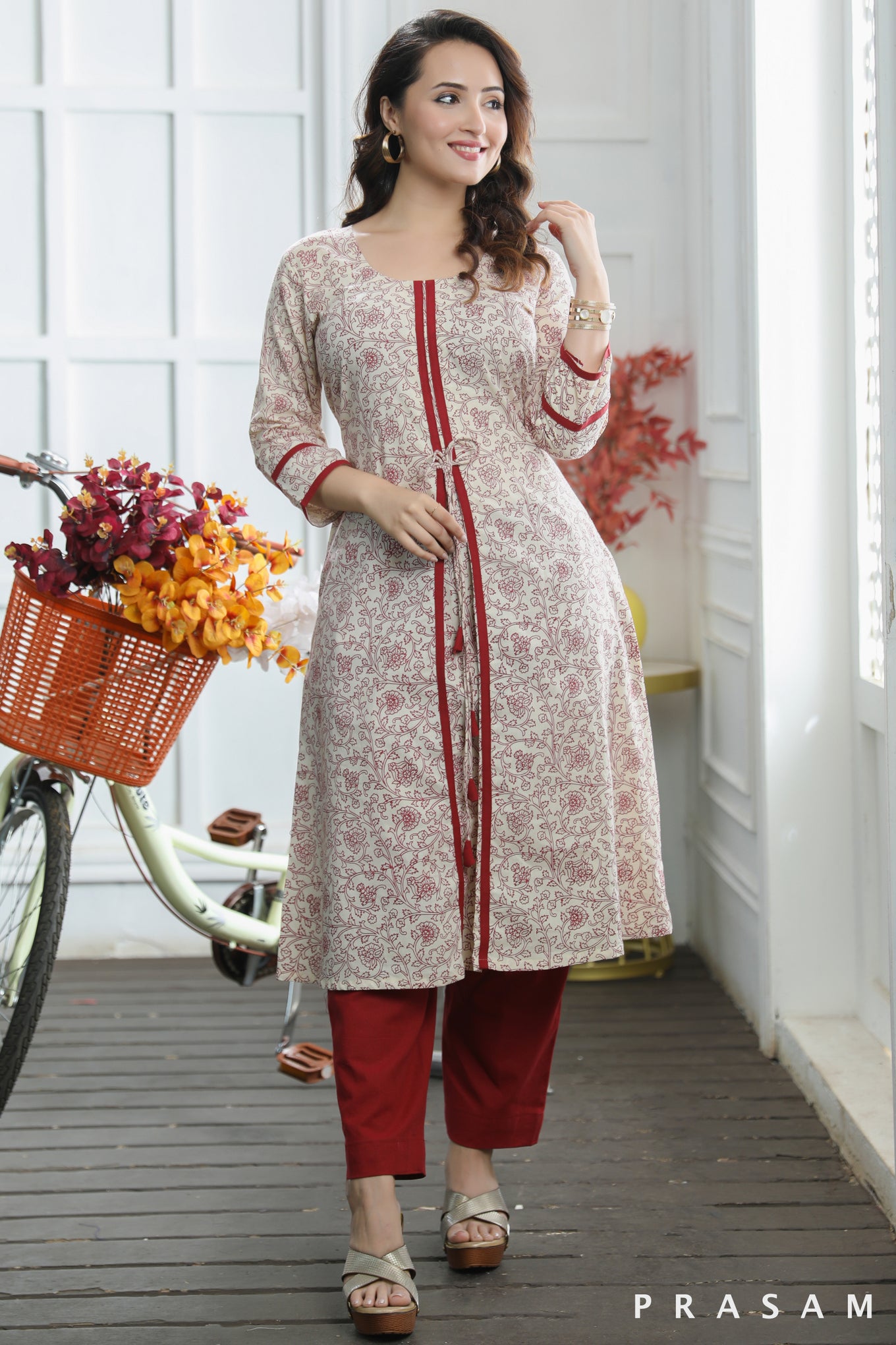 Secret Garden  Ethno Beige Cotton Mul Kurti With Maroon Hand Block Print And Trims (Optional Pants)