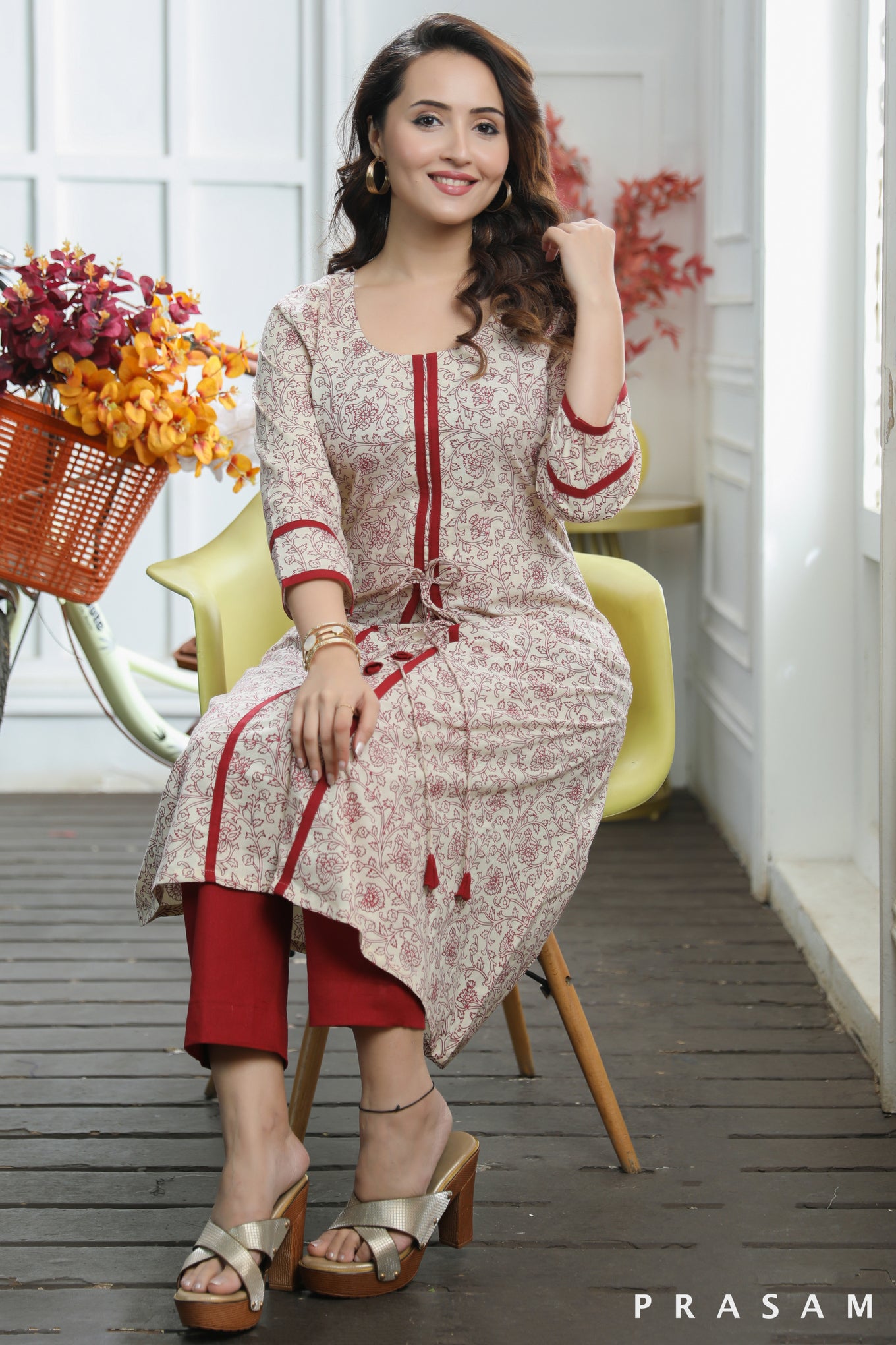 Secret Garden  Ethno Beige Cotton Mul Kurti With Maroon Hand Block Print And Trims (Optional Pants)