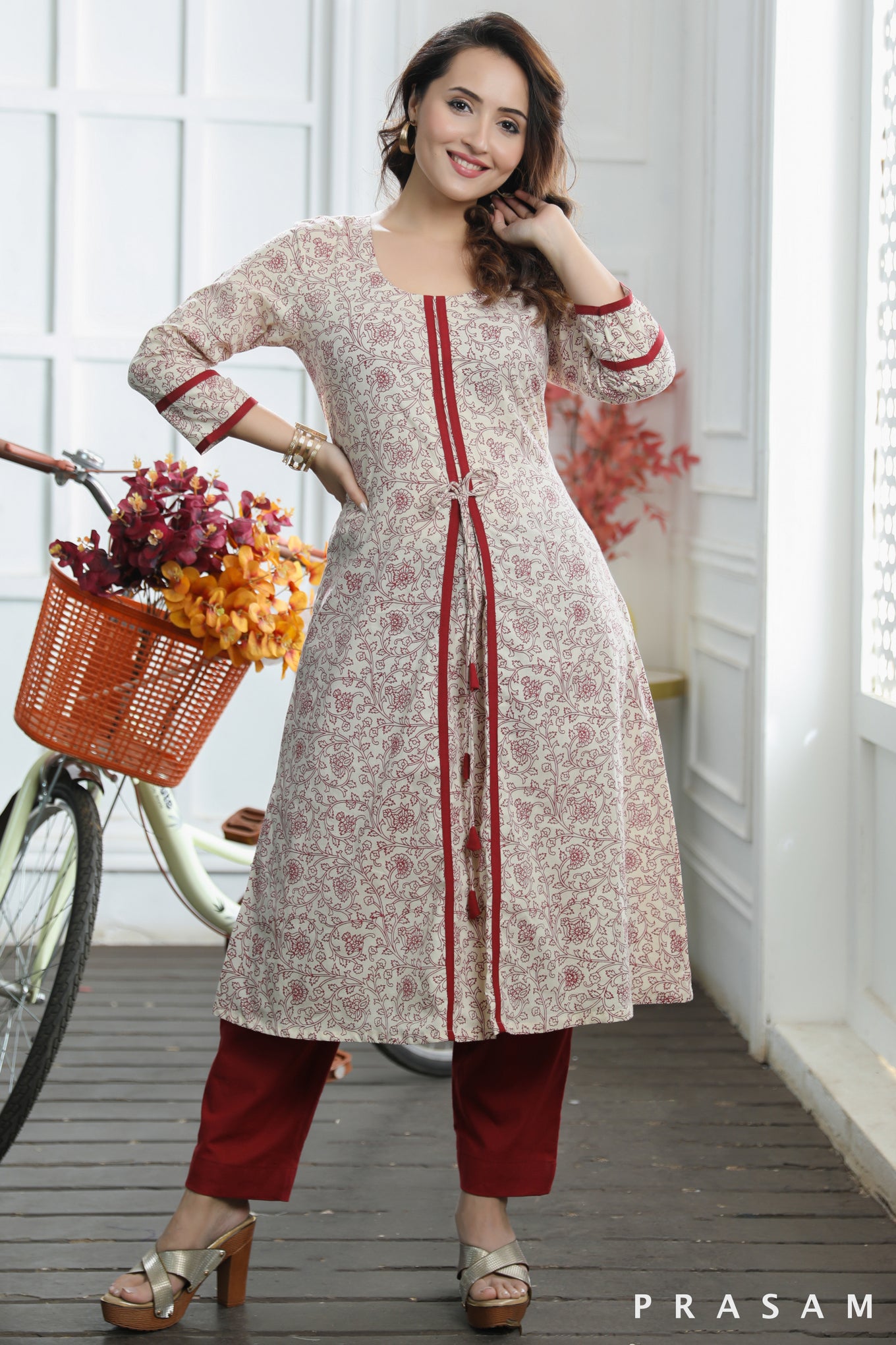 Secret Garden  Ethno Beige Cotton Mul Kurti With Maroon Hand Block Print And Trims (Optional Pants)