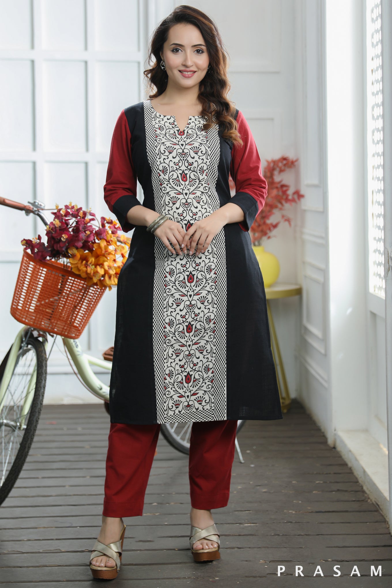 Regal Ruby Organic Black And Red Handloom Cotton With Hand Block Printed Panel (Optional Pants)