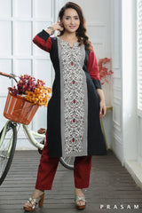 Regal Ruby Organic Black And Red Handloom Cotton With Hand Block Printed Panel (Optional Pants)