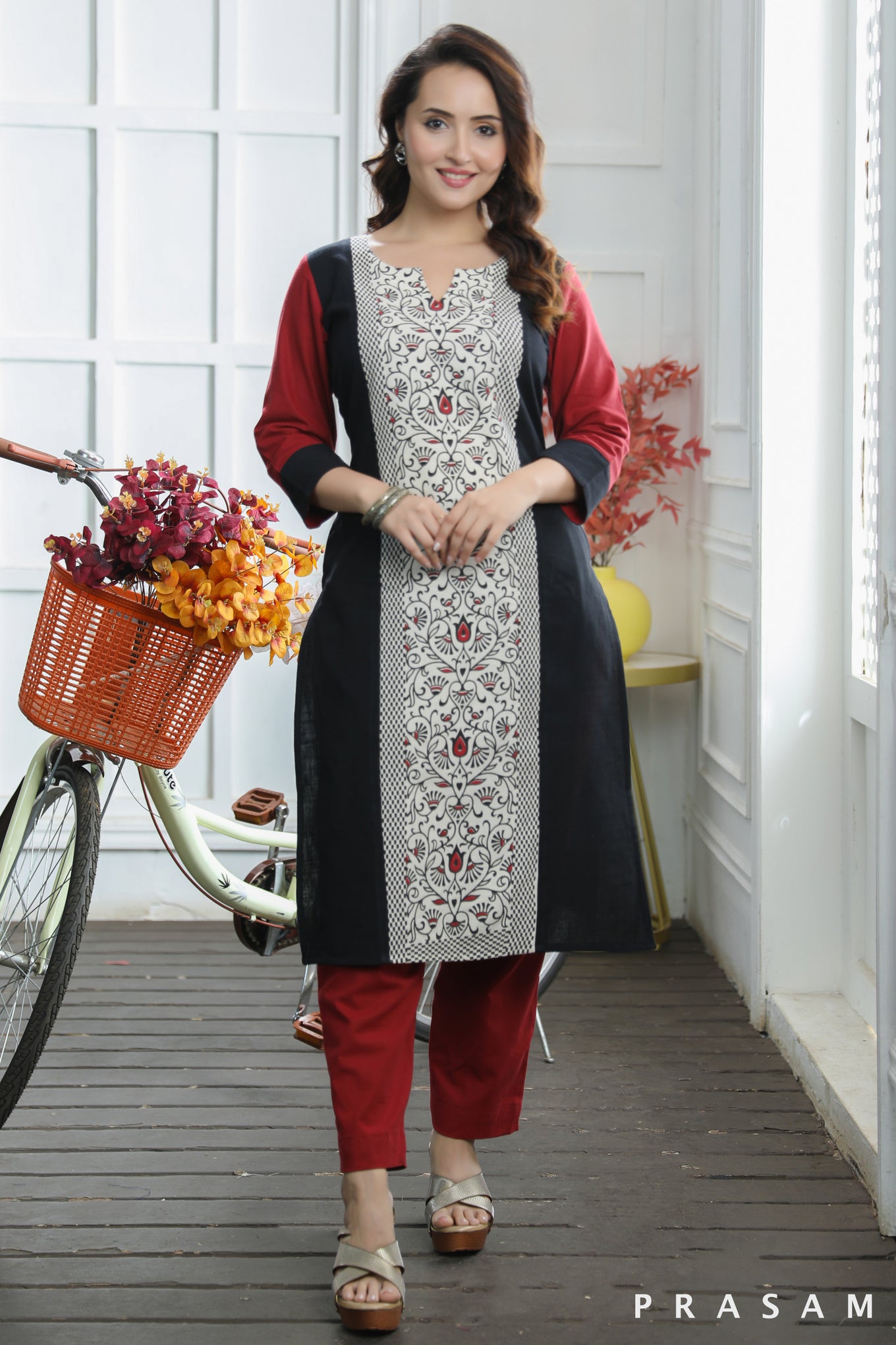 Regal Ruby Organic Black And Red Handloom Cotton With Hand Block Printed Panel (Optional Pants)