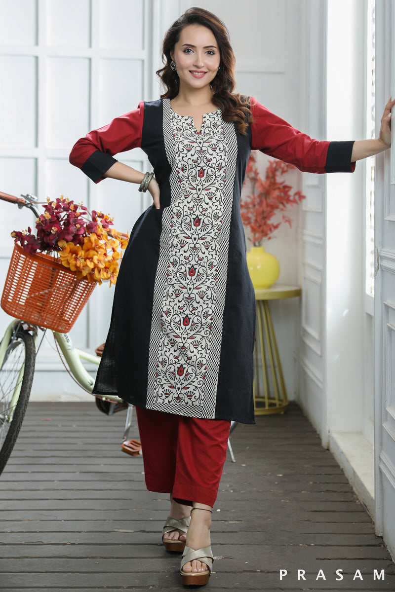 Regal Ruby Organic Black And Red Handloom Cotton With Hand Block Printed Panel (Optional Pants)