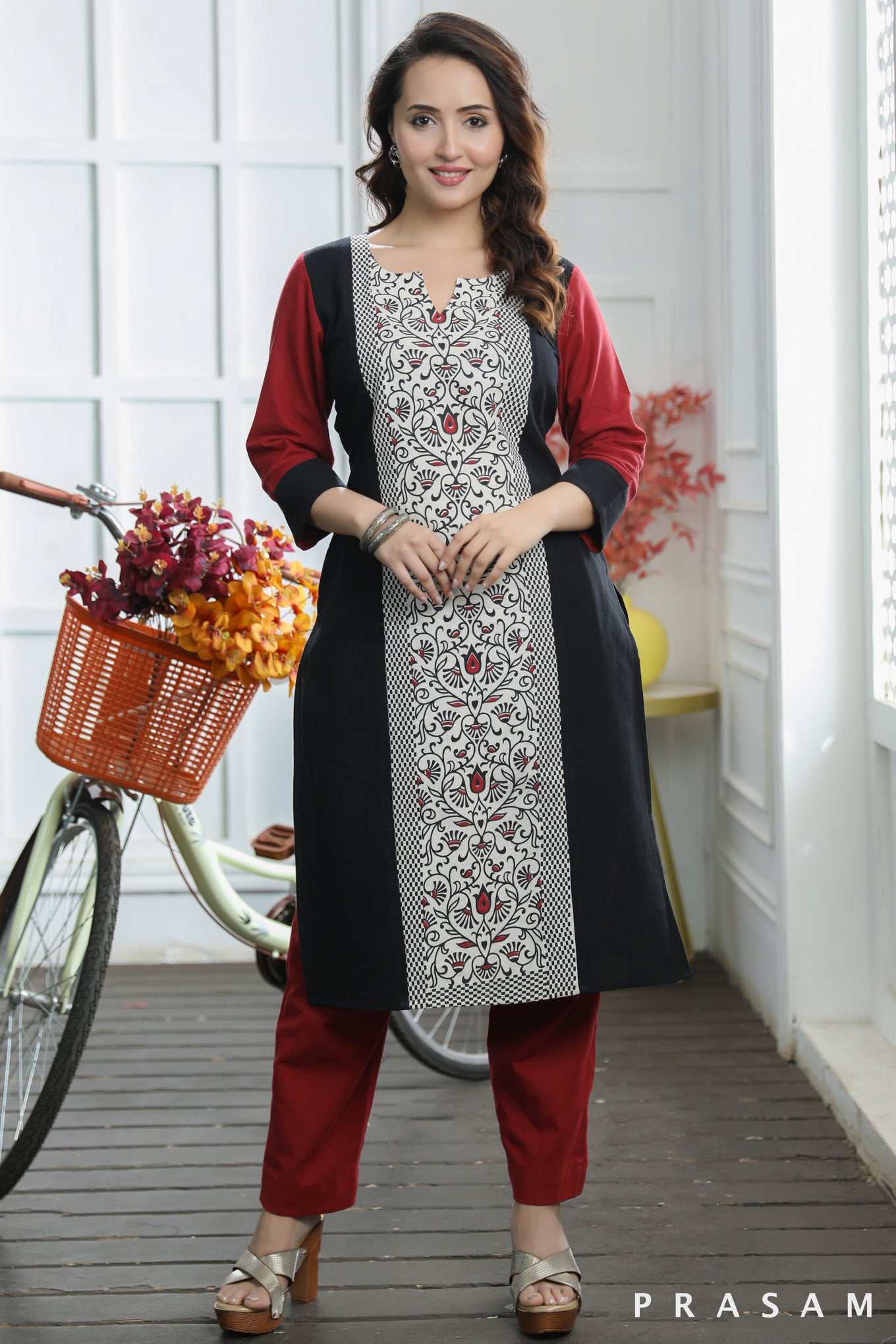 Regal Ruby Organic Black And Red Handloom Cotton With Hand Block Printed Panel (Optional Pants)