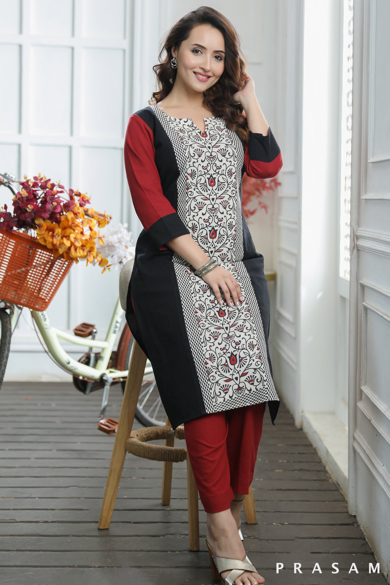 Regal Ruby Organic Black And Red Handloom Cotton With Hand Block Printed Panel (Optional Pants)