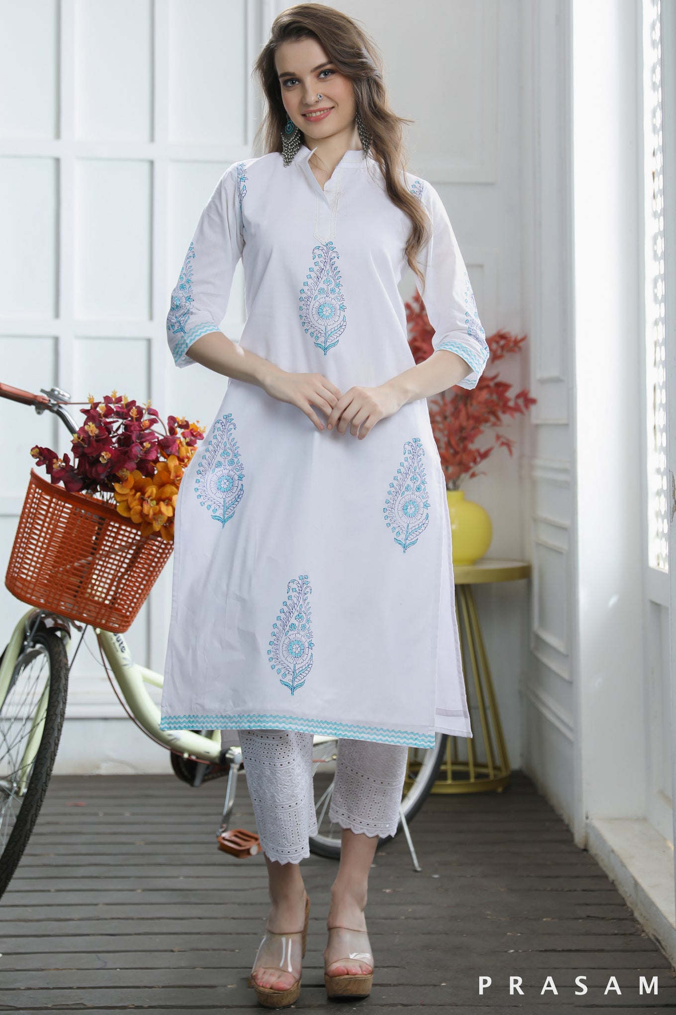 Ethereal Iris Kurti Gorgeous White Cotton Mul With Aqua Hand Block Printed Motifs Kurti (Optional Pants)