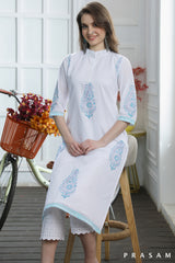 Ethereal Iris Kurti Gorgeous White Cotton Mul With Aqua Hand Block Printed Motifs Kurti (Optional Pants)