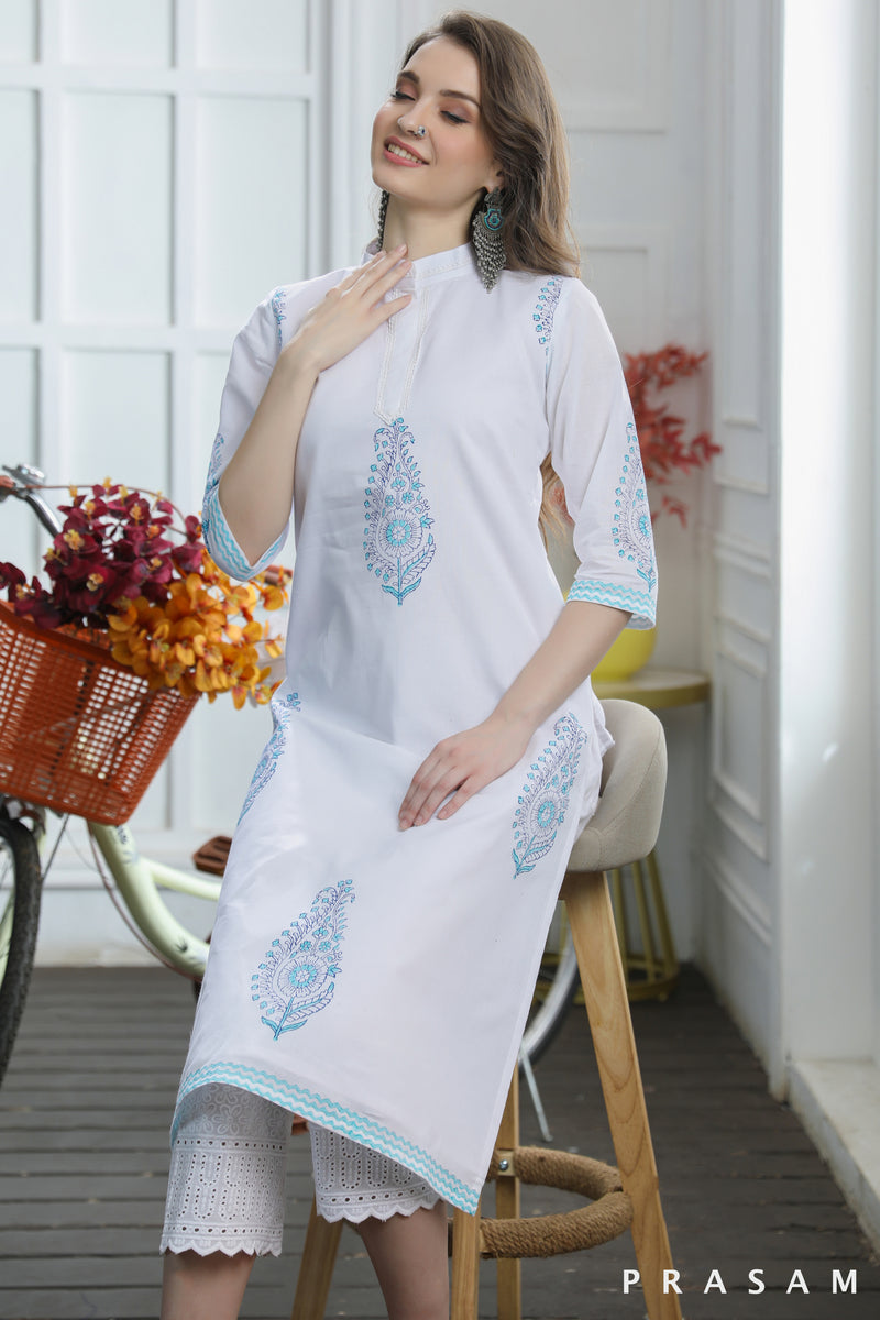 Ethereal Iris Kurti Gorgeous White Cotton Mul With Aqua Hand Block Printed Motifs Kurti (Optional Pants)