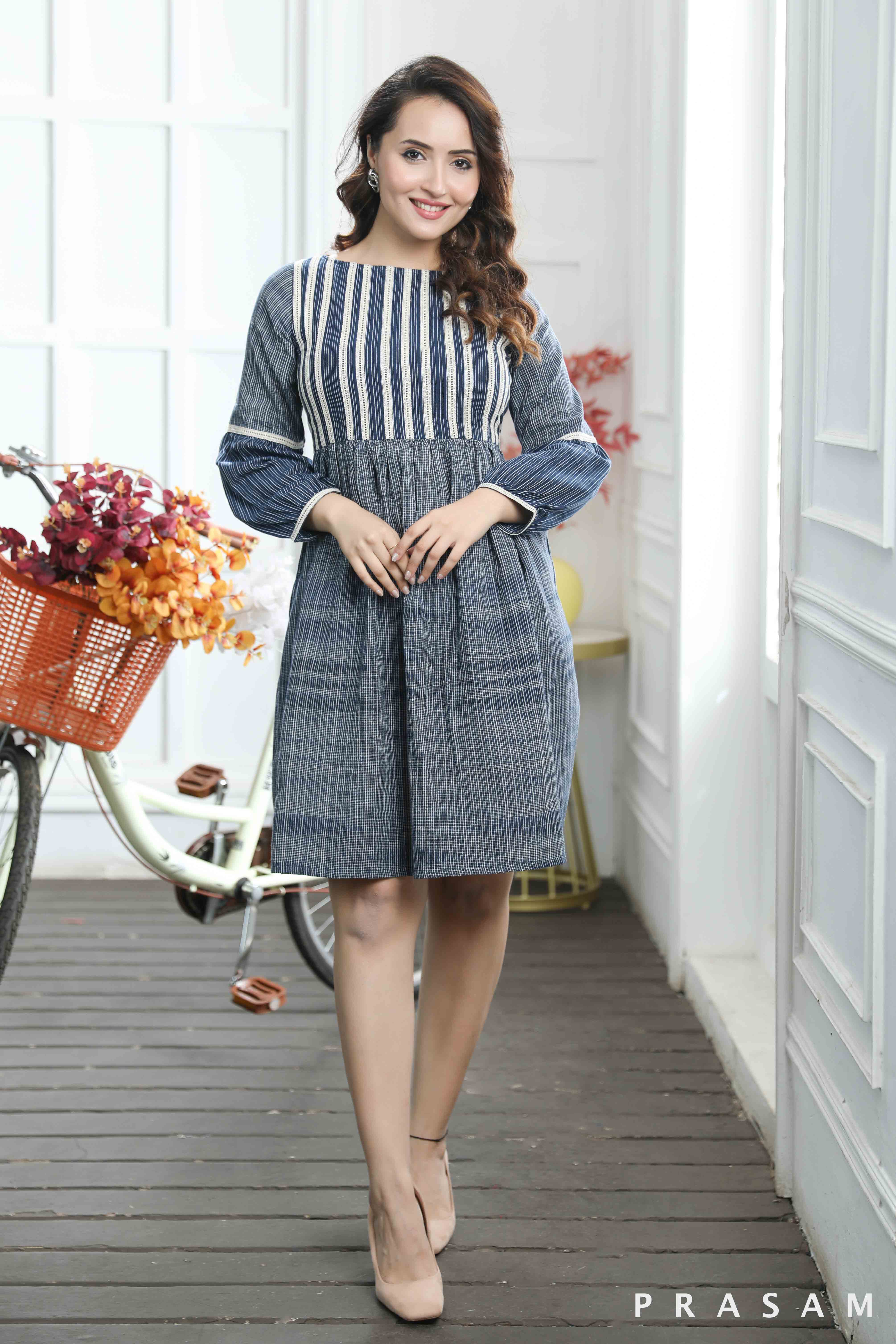 Ava Classy Stripe Cotton Dress With Lace Details