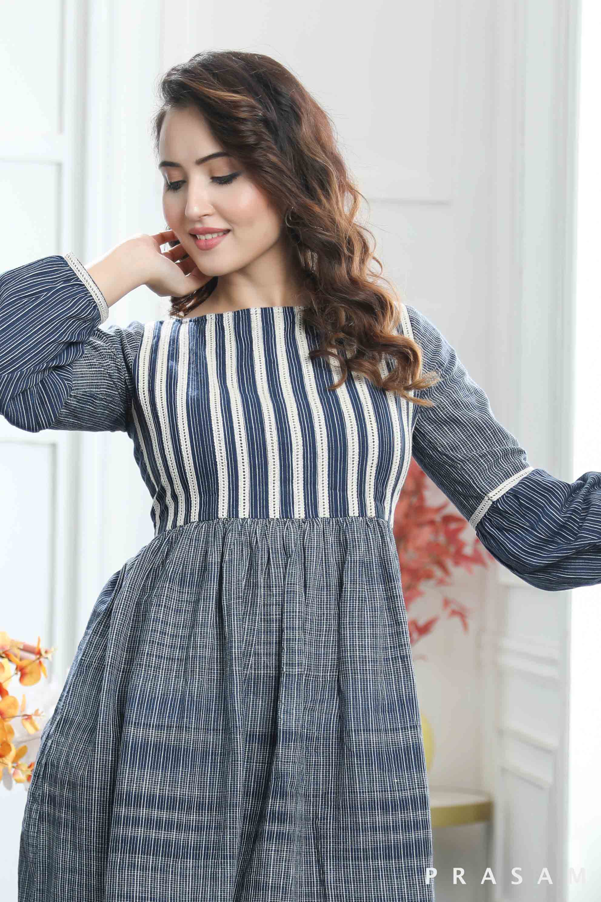 Ava Classy Stripe Cotton Dress With Lace Details