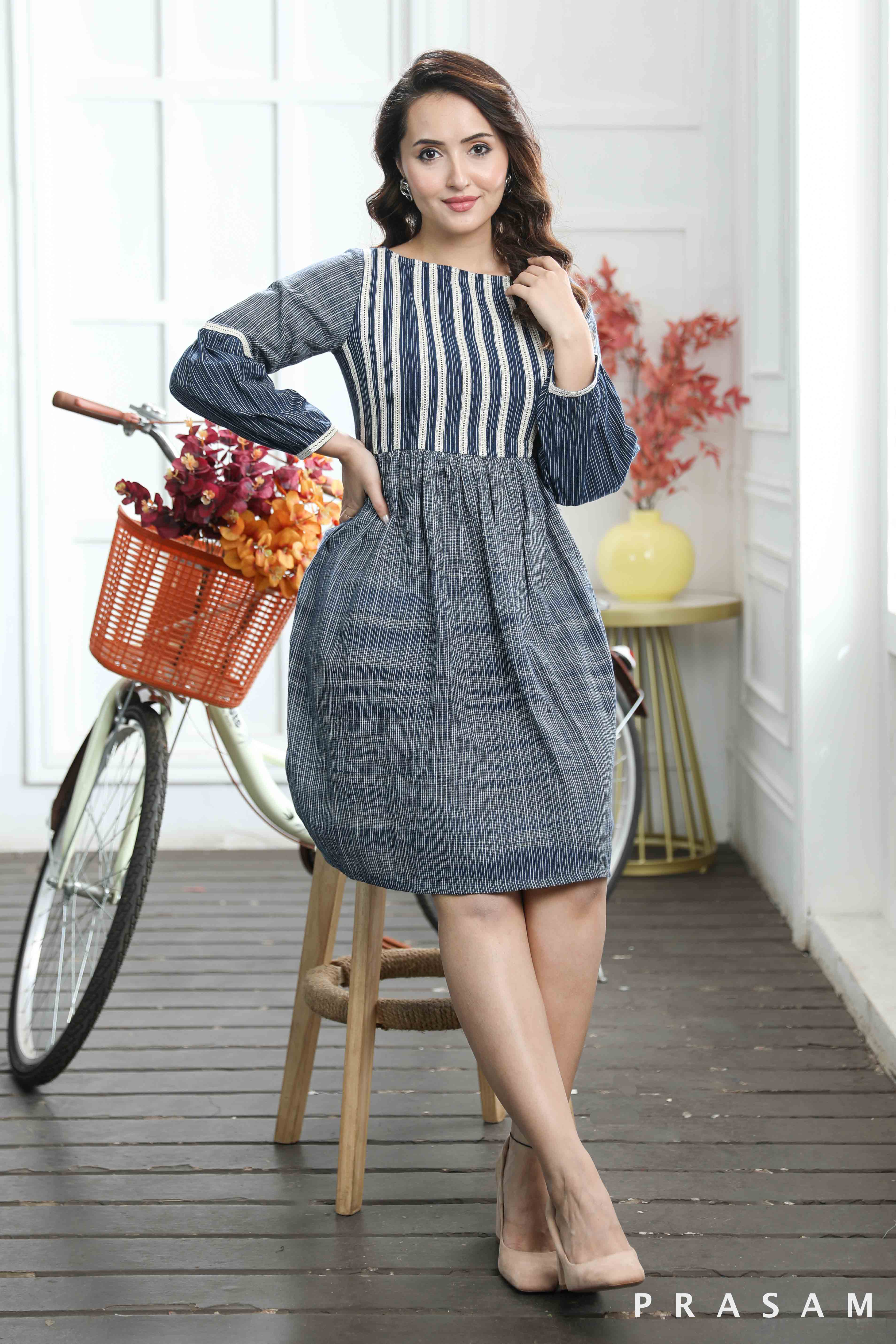 Ava Classy Stripe Cotton Dress With Lace Details