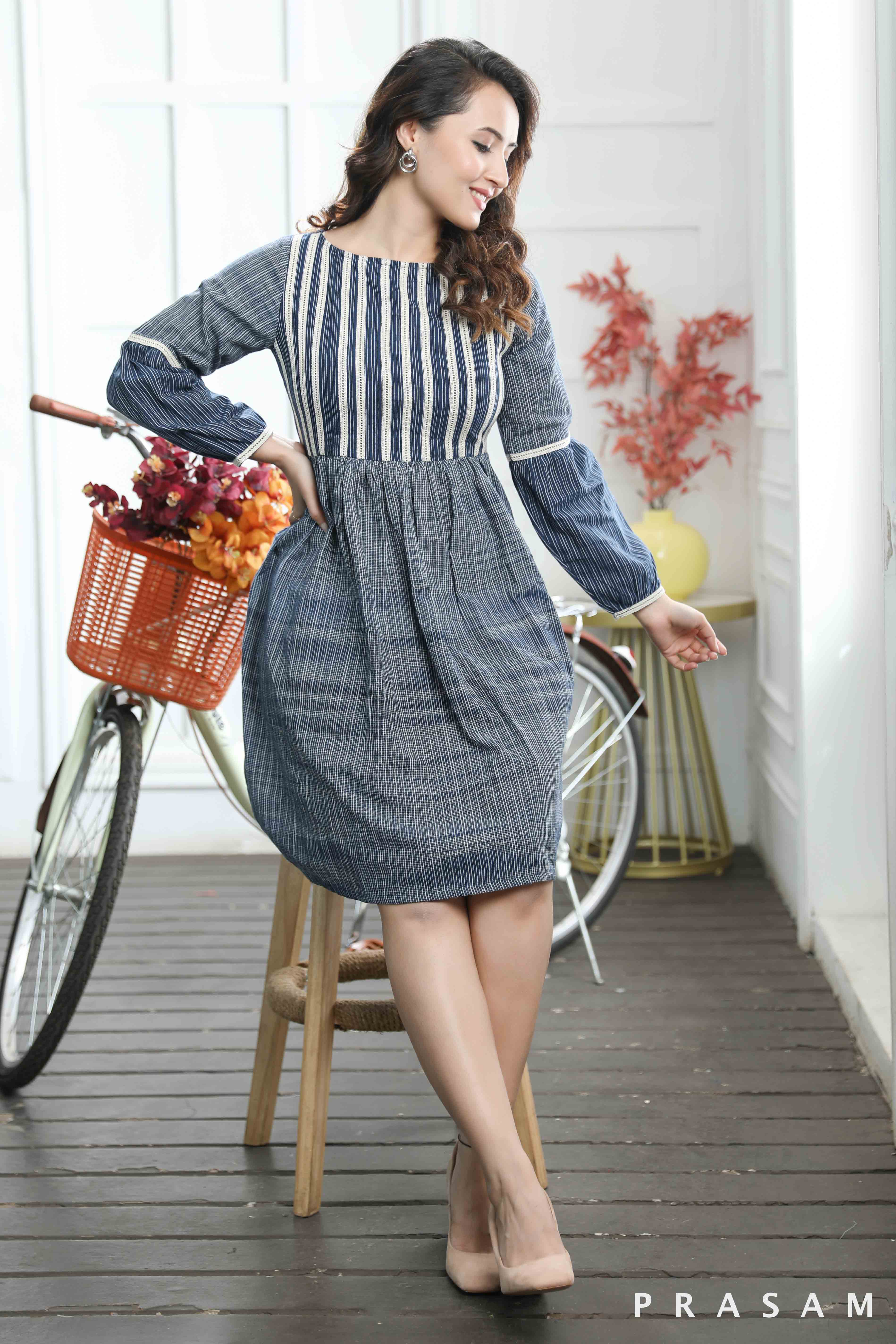 Ava Classy Stripe Cotton Dress With Lace Details