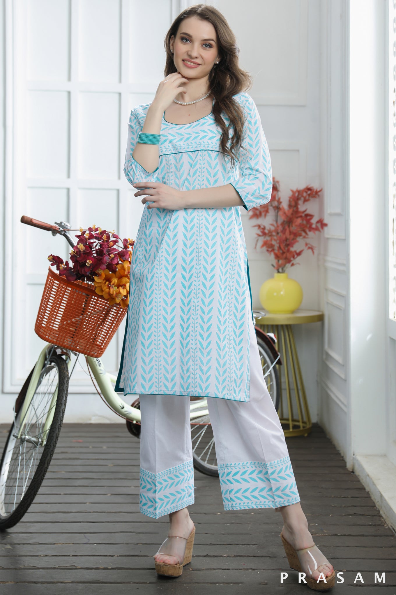 Peacock Prettiness Striking Aqua And White Cotton Mul Hand Block Printed Kurti Set