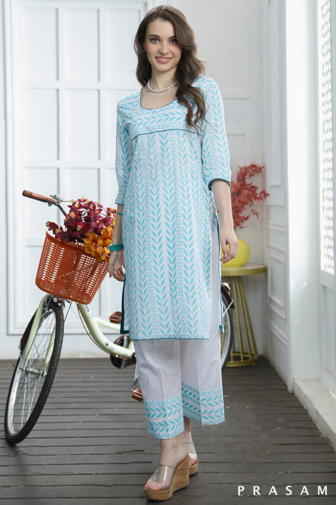 Peacock Prettiness Striking Aqua And White Cotton Mul Hand Block Printed Kurti Set