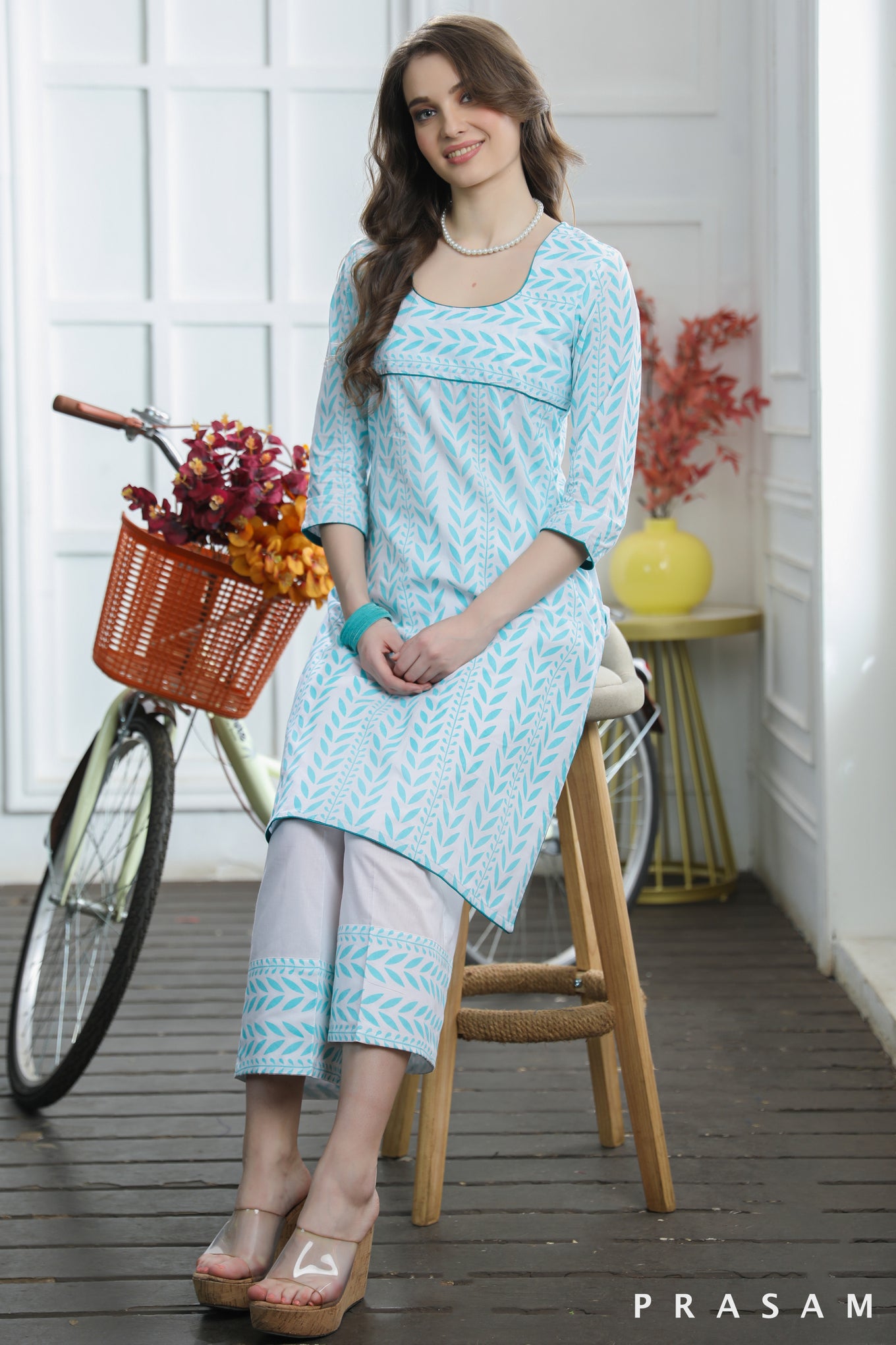 Peacock Prettiness Striking Aqua And White Cotton Mul Hand Block Printed Kurti Set