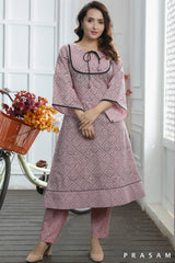 Artistry Bliss -  Pretty Baby Pink Cotton Mul Kurti Set With Black Hand Block Print And Trims