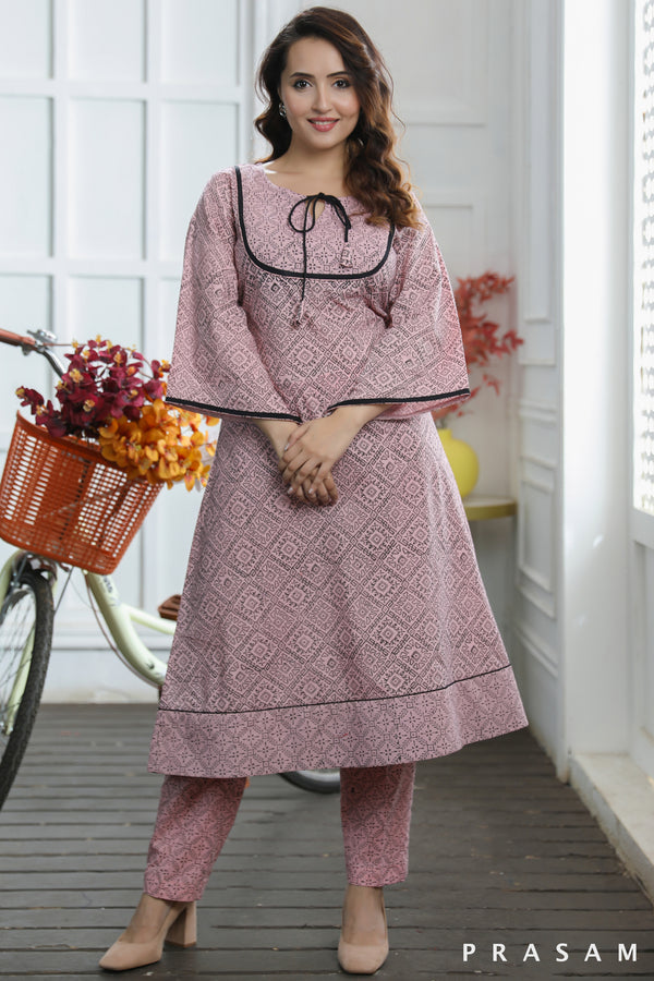 Artistry Bliss -  Pretty Baby Pink Cotton Mul Kurti Set With Black Hand Block Print And Trims