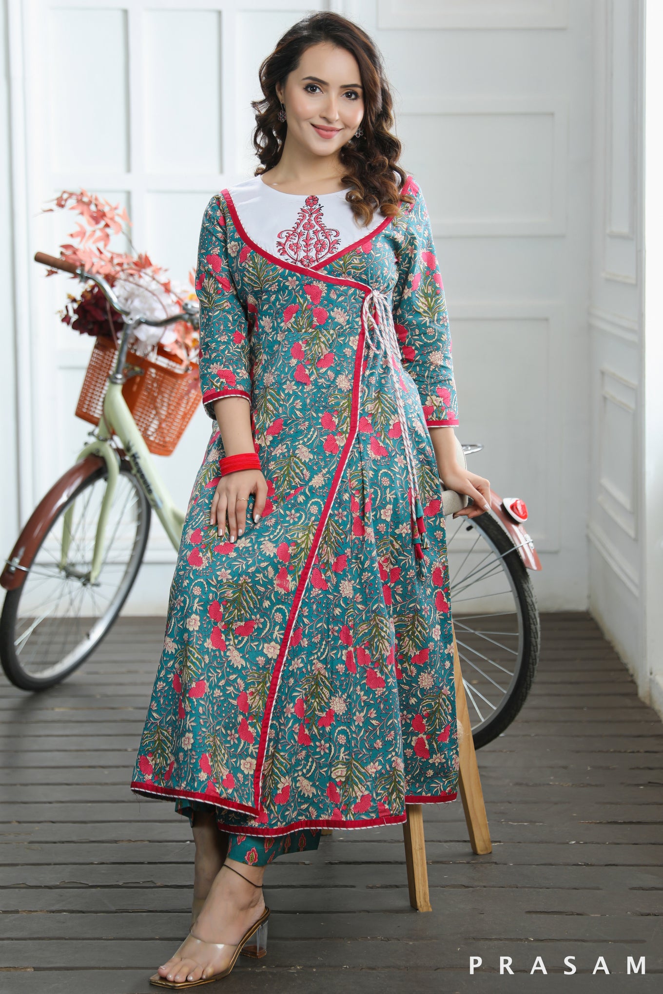 Ananya Vibrant Cotton Jaipuri Printed Angrakha With Block Print Yoke Kurti (Optional Pant)